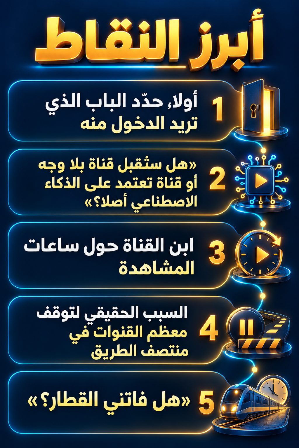 أبرز النقاط: أولا، اختر الباب الذي تريد الدخول منه; «هل ستُقبل قناة بلا وجه أو قناة تعتمد على الذكاء الاصطناعي أصلا؟»; ابنِ القناة حول ساعات المشاهدة; السبب الحقيقي لتوقف أغلب القنوات في منتصف الطريق; «هل فاتني القطار؟»