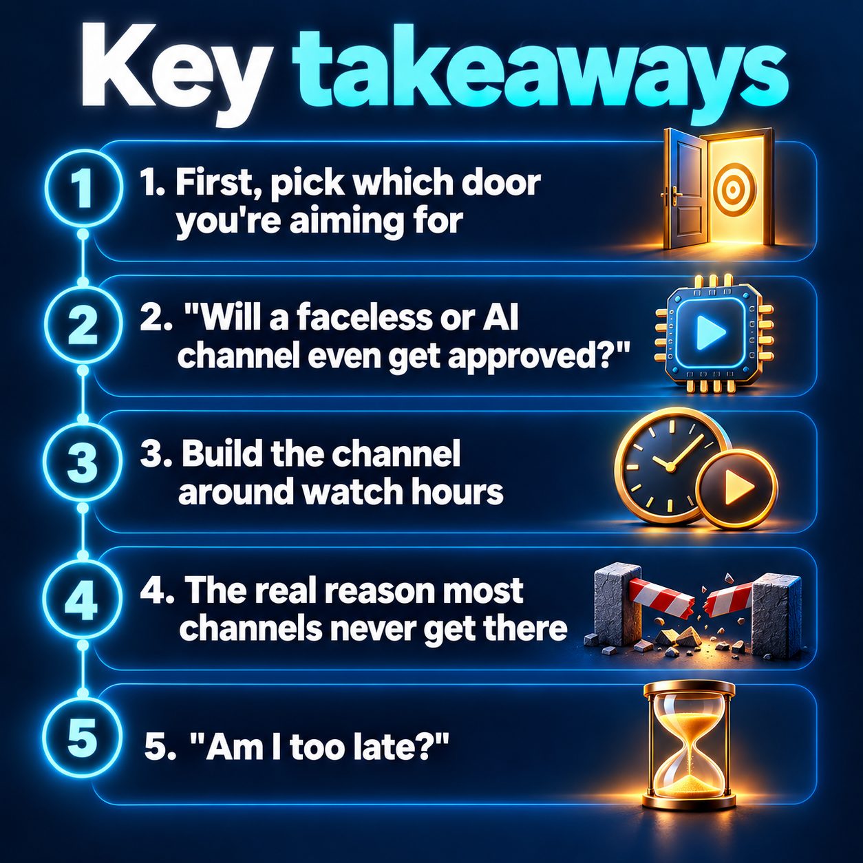 Key takeaways: First, pick which door you're aiming for; "Will a faceless or AI channel even get approved?"; Build the channel around watch hours; The real reason most channels never get there; "Am I too late?"