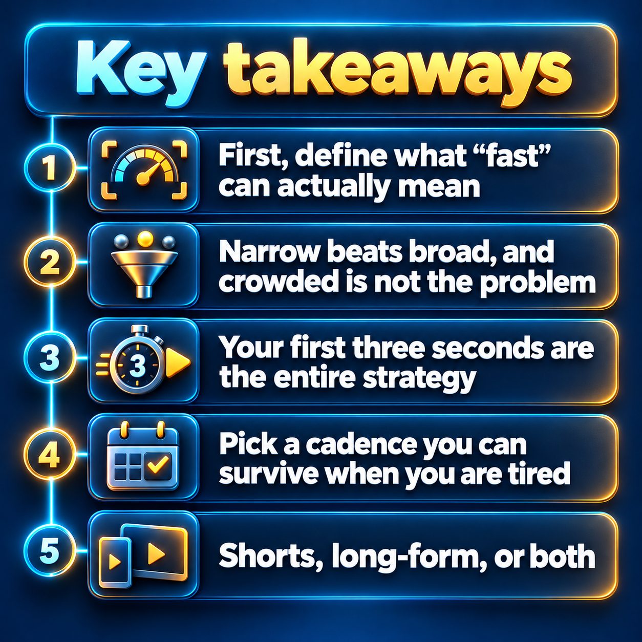 Key takeaways: First, define what "fast" can actually mean; Narrow beats broad, and crowded is not the problem; Your first three seconds are the entire strategy; Pick a cadence you can survive when you are tired; Shorts, long-form, or both