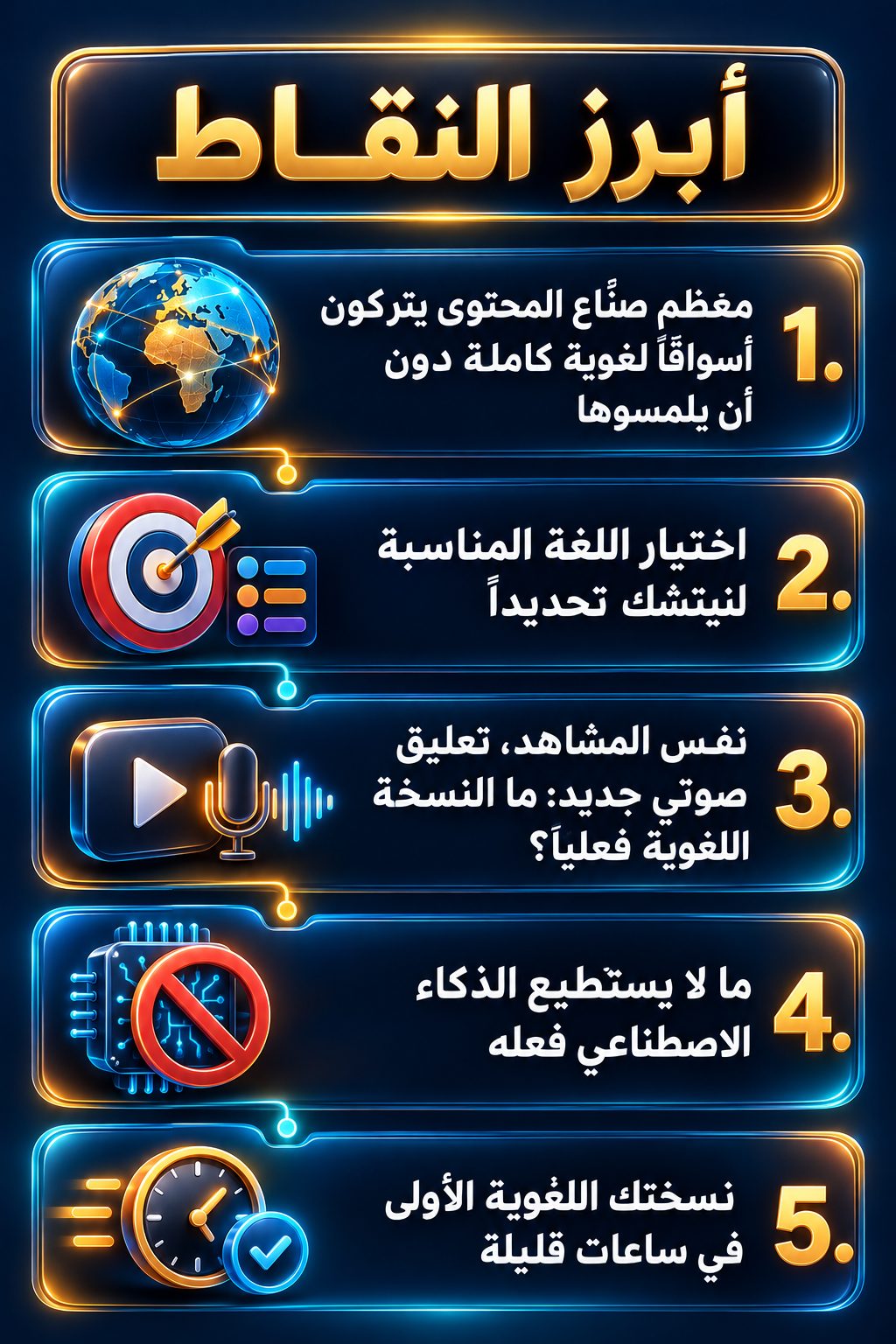 أبرز النقاط: معظم صنّاع المحتوى يتركون أسواقاً لغوية كاملة دون أن يلمسوها; اختر اللغة المناسبة لمجالك أنت; نفس المشاهد بتعليق صوتي جديد: ما هي النسخة اللغوية؟; ما لا يستطيع الذكاء الاصطناعي أن يفعله; نسختك اللغوية الأولى في ساعات قليلة