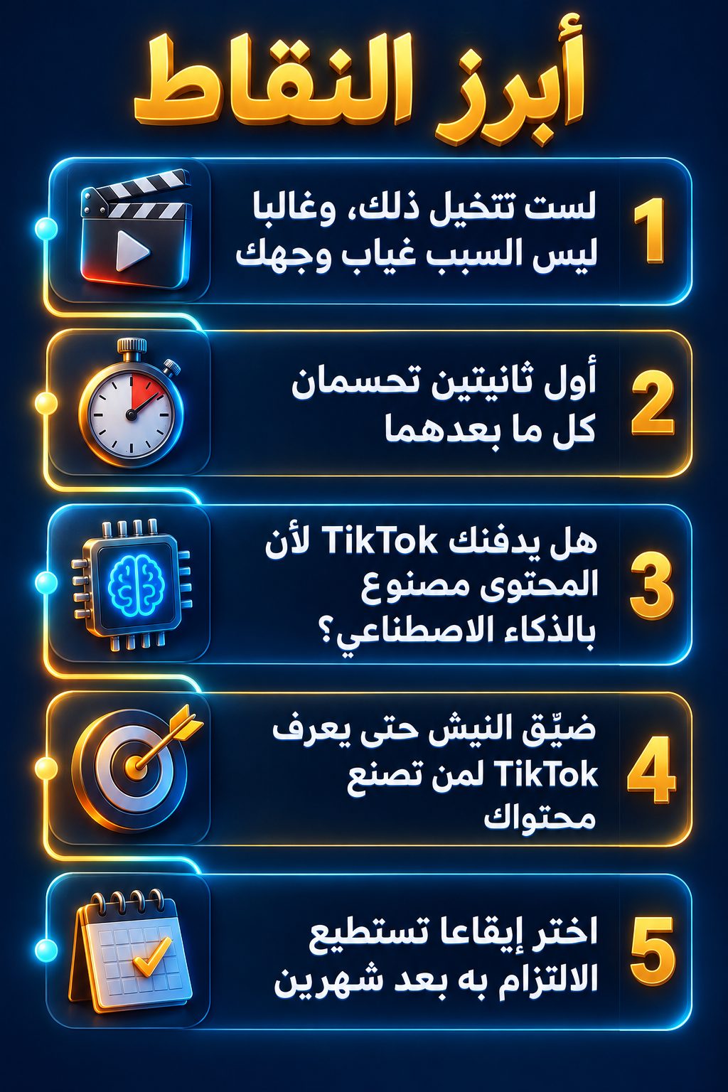 أبرز النقاط: لست تتخيل ذلك، والسبب غالبا ليس غياب وجهك; أول ثانيتين تحسمان كل ما بعدهما; هل يقلل TikTok وصولك لأن محتواك مصنوع بالذكاء الاصطناعي؟; ضيّق النيش حتى يعرف TikTok لمن تصنع محتواك; اختر إيقاعا تستطيع الالتزام به بعد شهرين