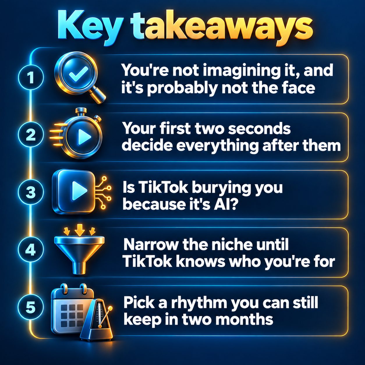 Key takeaways: You're not imagining it, and it's probably not the face; Your first two seconds decide everything after them; Is TikTok burying you because it's AI?; Narrow the niche until TikTok knows who you're for; Pick a rhythm you can still keep in two months