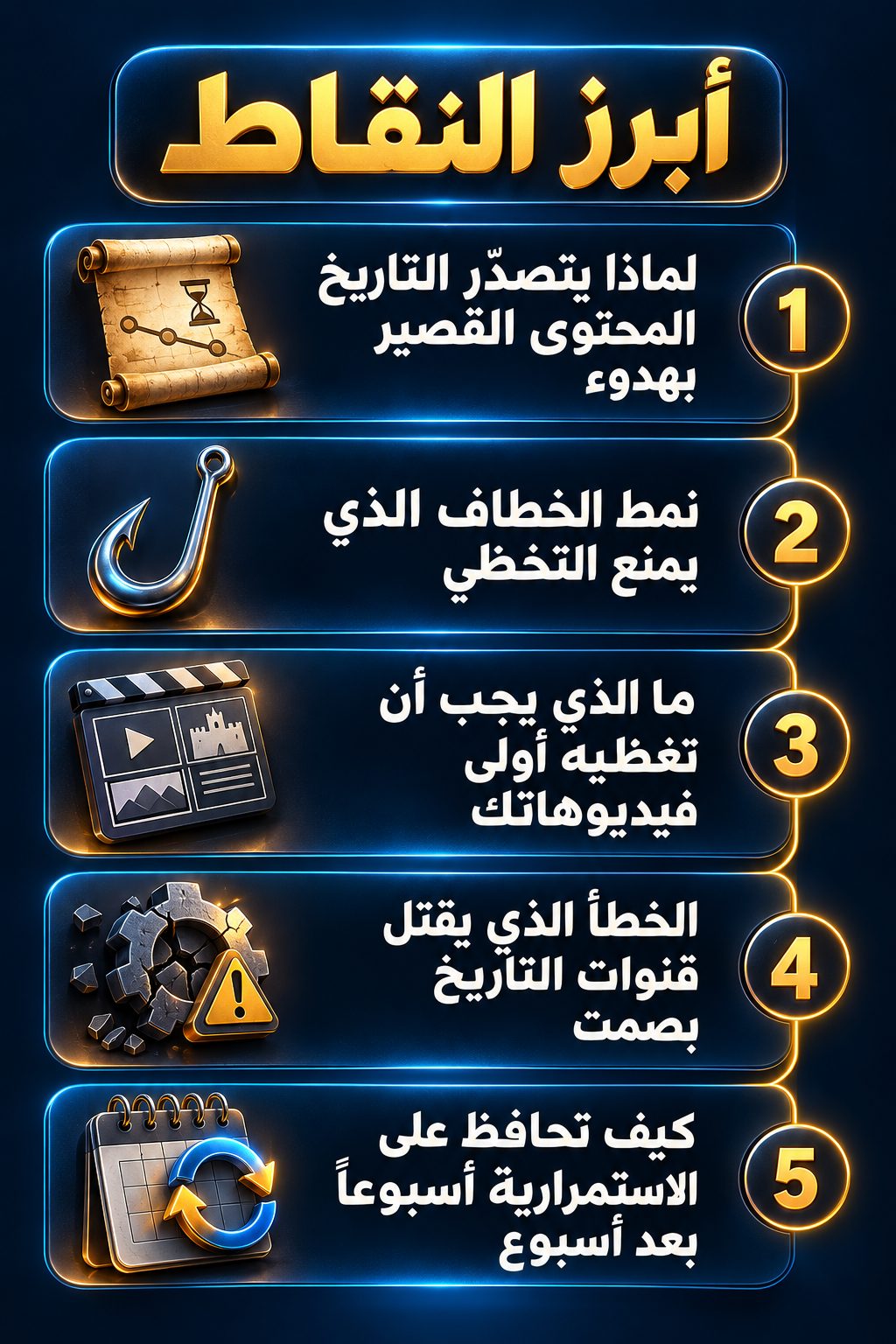 أبرز النقاط: لماذا يتصدّر التاريخ المحتوى القصير بهدوء; الخطاف الذي يمنع المشاهد من التخطّي; عن ماذا تتحدّث في أول فيديوهاتك; الخطأ الذي يقتل قنوات التاريخ بصمت; كيف تنشر بانتظام أسبوعاً بعد أسبوع