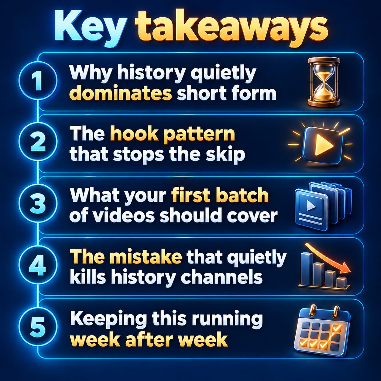 Key takeaways: Why history quietly dominates short form; The hook pattern that stops the skip; What your first batch of videos should cover; The mistake that quietly kills history channels; Keeping this running week after week