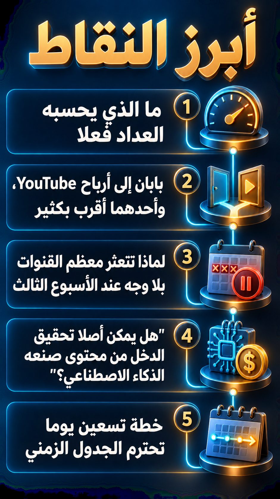 أبرز النقاط: ما الذي يحسبه العداد فعلا; بابان إلى أرباح YouTube، وأحدهما أقرب بكثير; لماذا تتوقف معظم القنوات بلا وجه في الأسبوع الثالث; "هل يمكن أصلا تحقيق الدخل من محتوى صنعه الذكاء الاصطناعي؟"; خطة تسعين يوما تناسب الجدول الزمني