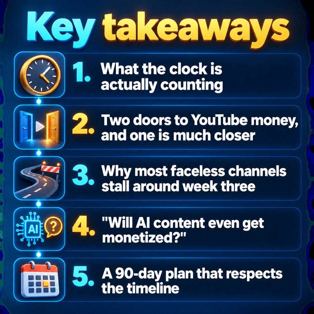 Key takeaways: What the clock is actually counting; Two doors to YouTube money, and one is much closer; Why most faceless channels stall around week three; "Will AI content even get monetized?"; A 90-day plan that respects the timeline
