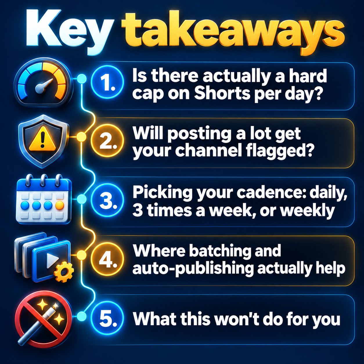 Key takeaways: Is there actually a hard cap on Shorts per day?; Will posting a lot get your channel flagged?; Picking your cadence: daily, 3 times a week, or weekly; Where batching and auto-publishing actually help; What this won't do for you
