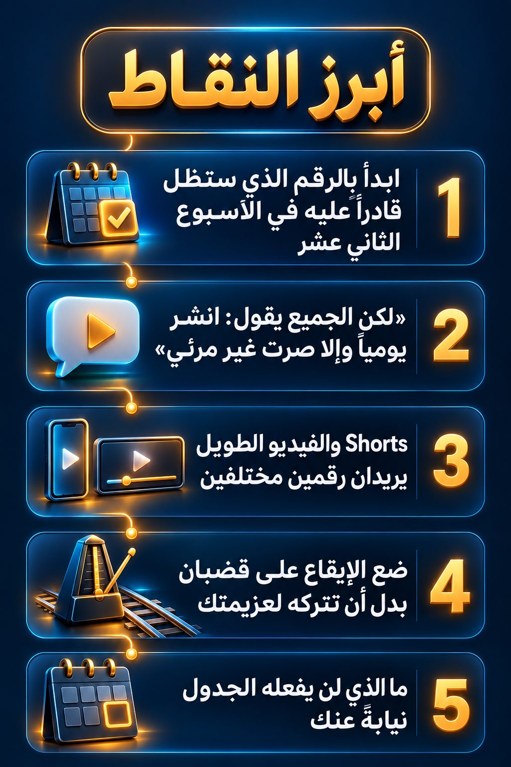 أبرز النقاط: ابدأ بالرقم الذي تستطيع الالتزام به في الأسبوع الثاني عشر; «لكن الجميع يقول: انشر كل يوم وإلا لن يراك أحد»; Shorts والفيديو الطويل يحتاجان رقمين مختلفين; اجعل الإيقاع يسير وحده بدل أن يعتمد على عزيمتك; ما الذي لن يفعله الجدول عنك