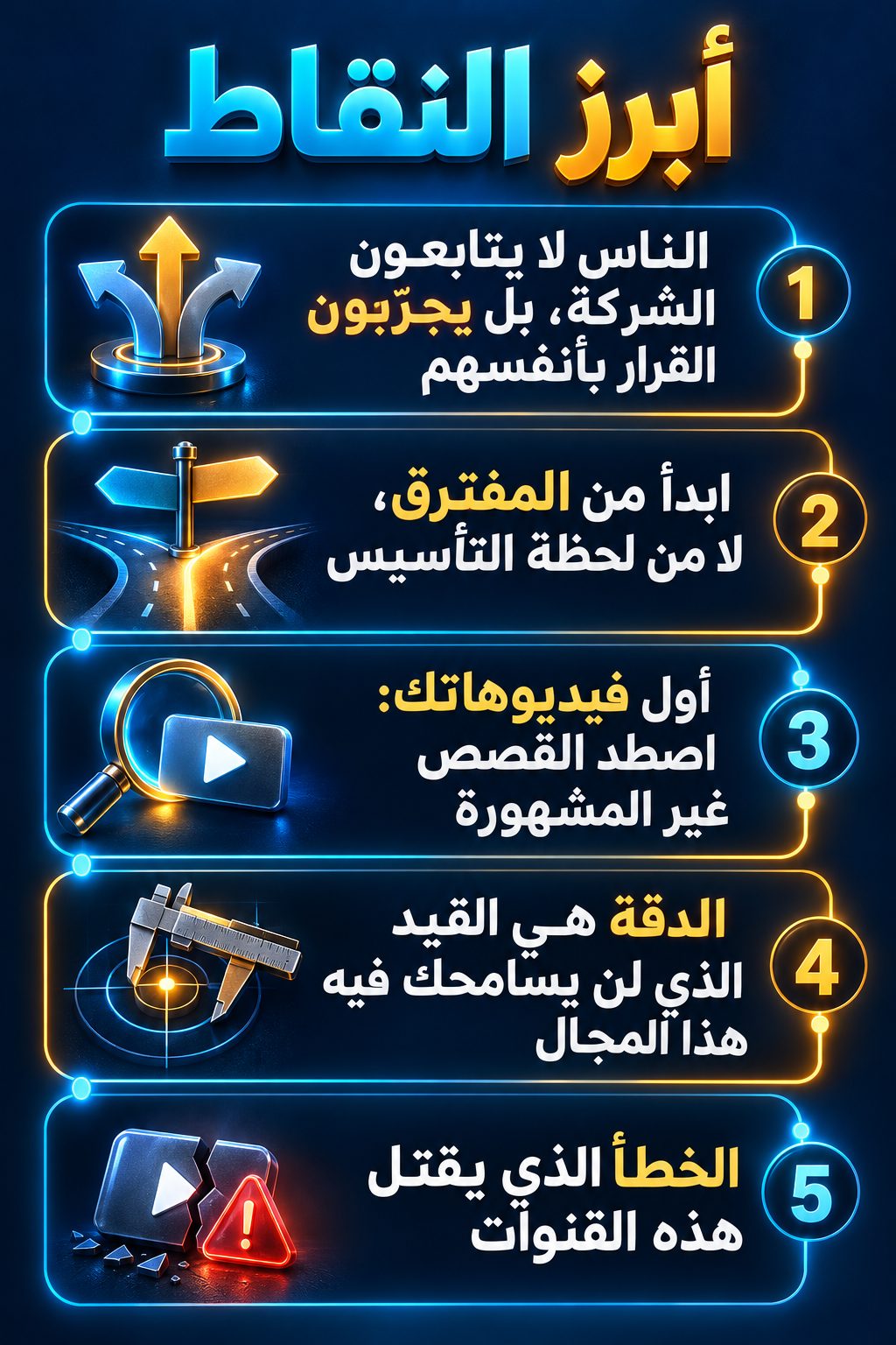 أبرز النقاط: الناس لا يتابعون الشركة، بل يجرّبون القرار بأنفسهم; ابدأ من المفترق، لا من يوم التأسيس; أول فيديوهاتك: ابحث عن القصص غير المشهورة; الدقة شرط لن يسامحك فيه هذا المجال; الخطأ الذي يقتل هذه القنوات