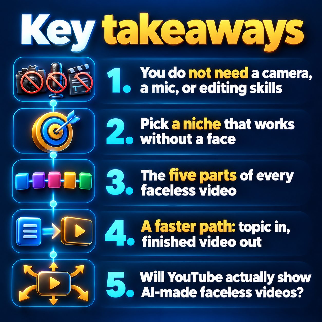 Key takeaways: You do not need a camera, a mic, or editing skills; Pick a niche that works without a face; The five parts of every faceless video; A faster path: topic in, finished video out; Will YouTube actually show AI-made faceless videos?