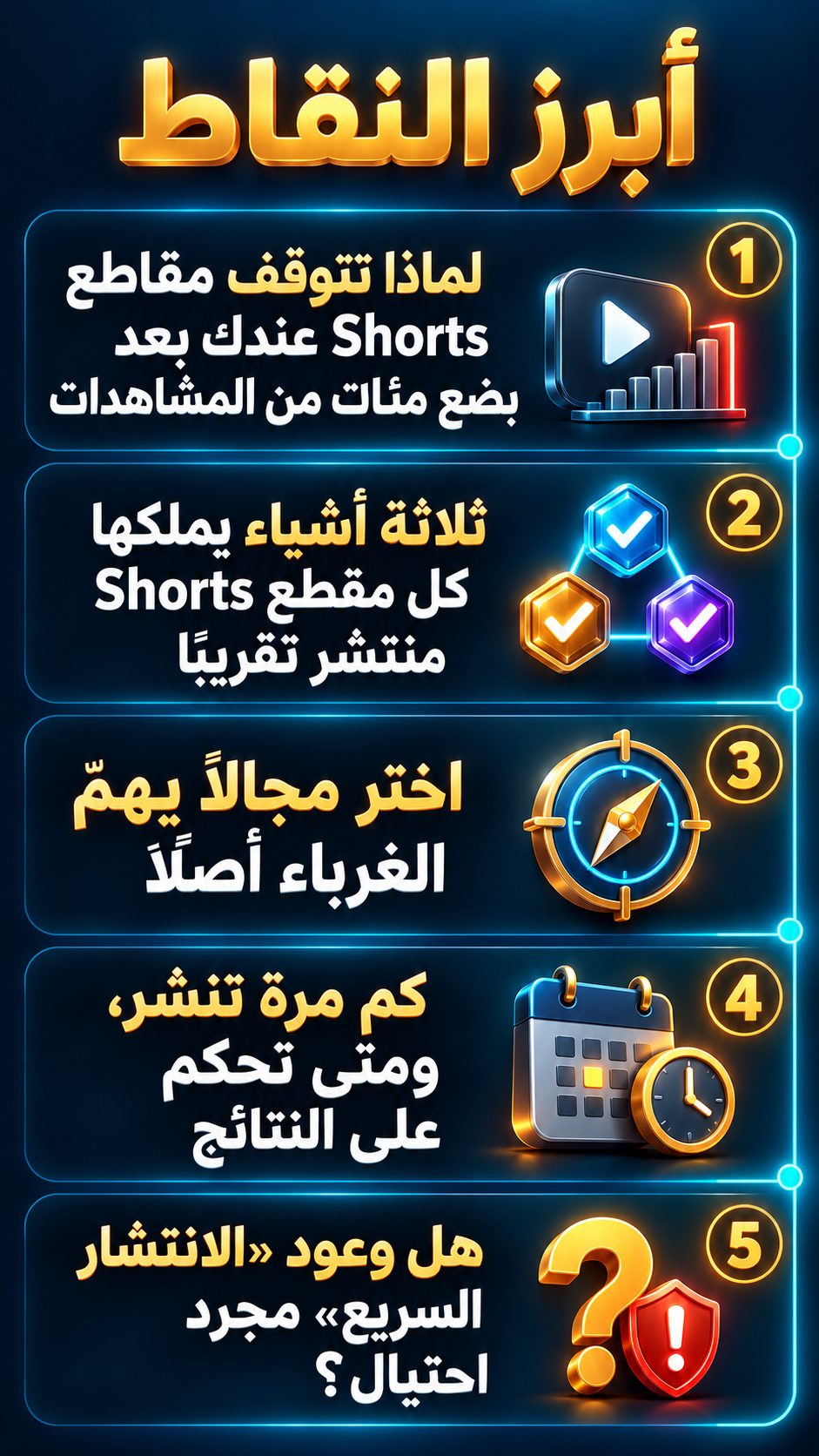 أبرز النقاط: لماذا تتوقف مقاطع Shorts عندك بعد بضع مئات من المشاهدات; ثلاثة أشياء يملكها كل مقطع Shorts منتشر تقريبًا; اختر مجالًا يهمّ الغرباء أصلًا; كم مرة تنشر، ومتى تحكم على النتائج; هل وعود «الانتشار السريع» مجرد احتيال؟