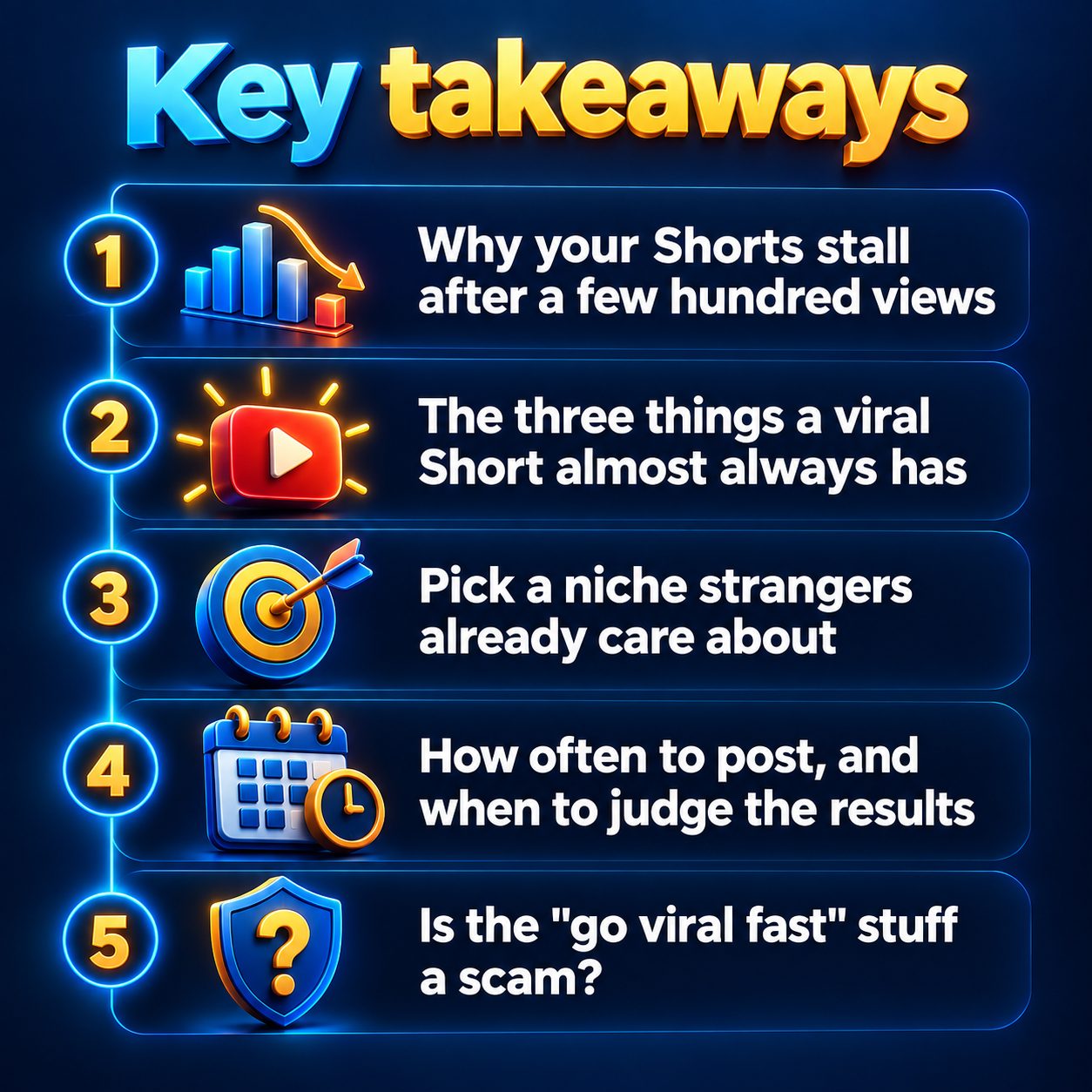 Key takeaways: Why your Shorts stall after a few hundred views; The three things a viral Short almost always has; Pick a niche strangers already care about; How often to post, and when to judge the results; Is the "go viral fast" stuff a scam?