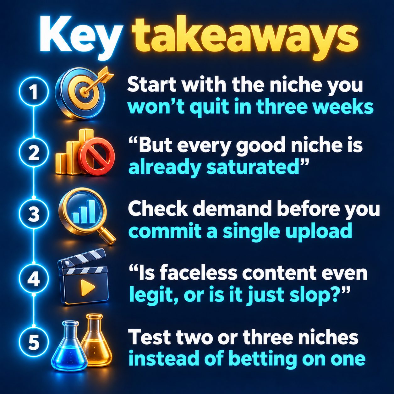 Key takeaways: Start with the niche you won't quit in three weeks; "But every good niche is already saturated"; Check demand before you commit a single upload; "Is faceless content even legit, or is it just slop?"; Test two or three niches instead of betting on one