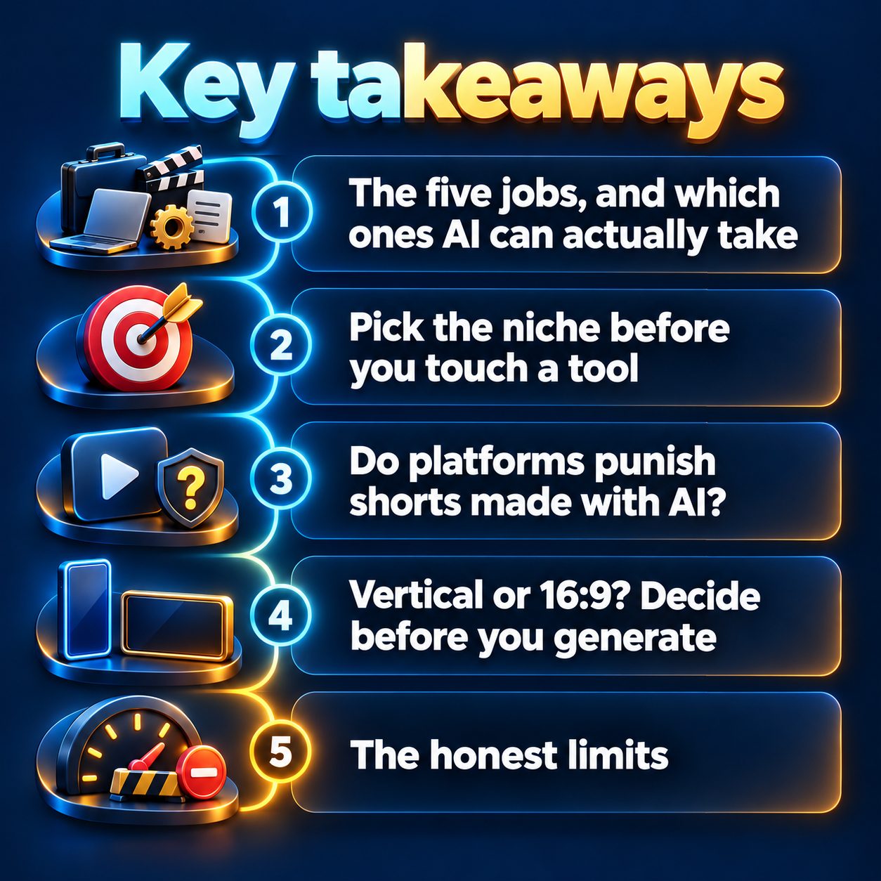 Key takeaways: The five jobs, and which ones AI can actually take; Pick the niche before you touch a tool; Do platforms punish shorts made with AI?; Vertical or 16:9? Decide before you generate; The honest limits