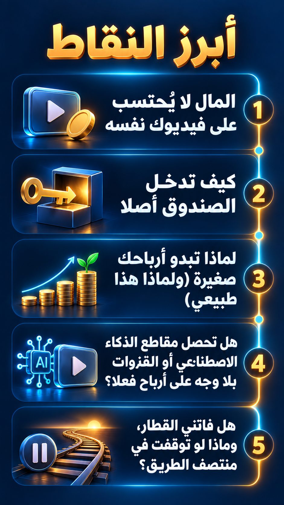 أبرز النقاط: الربح لا يُحسب على فيديوك نفسه; كيف تدخل الصندوق من الأساس; لماذا تبدو أرباحك صغيرة (ولماذا هذا طبيعي); هل تربح مقاطع الذكاء الاصطناعي أو القنوات بلا وجه فعلًا؟; هل فاتني القطار؟ وماذا لو توقفت في منتصف الطريق؟