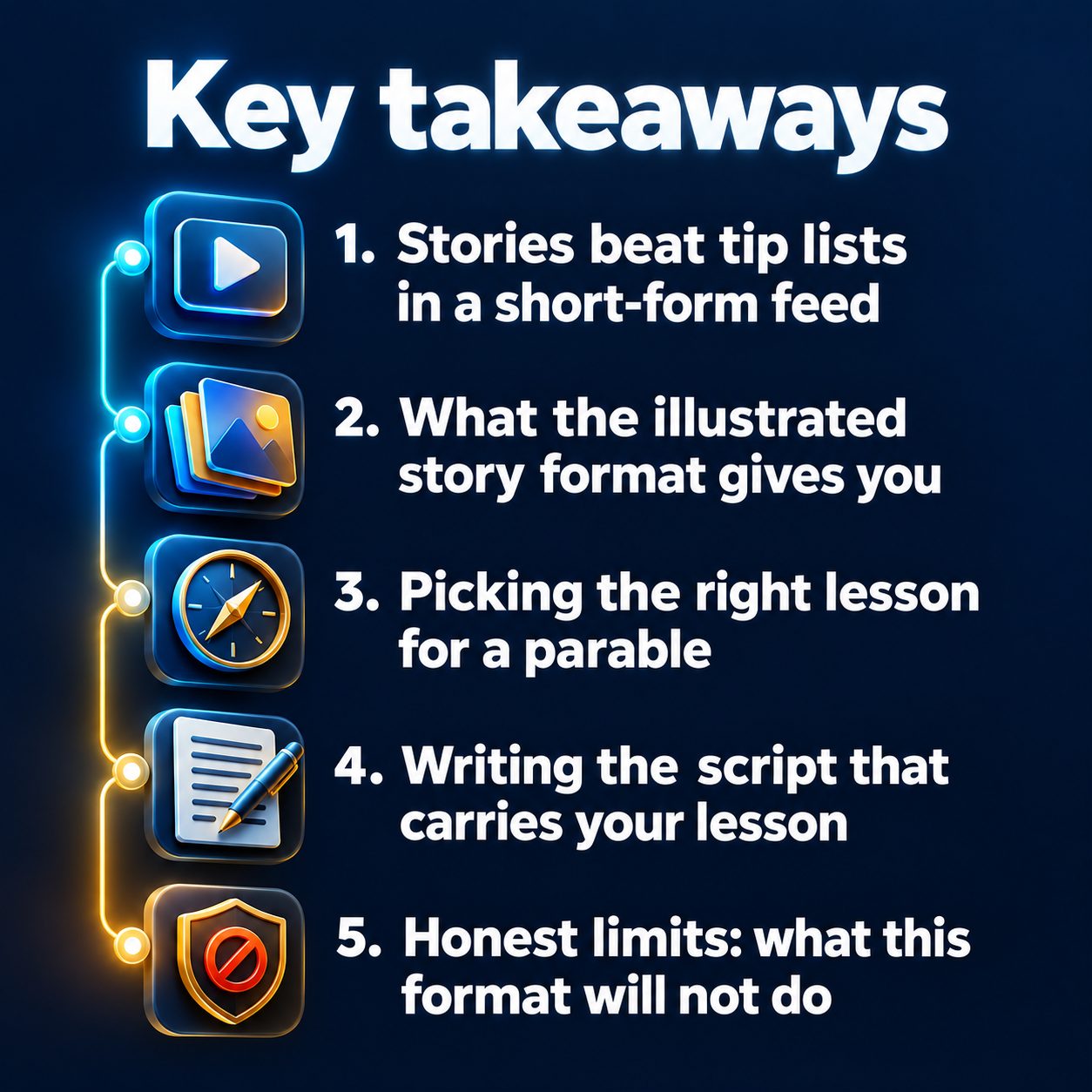 Key takeaways: Stories beat tip lists in a short-form feed; What the illustrated story format gives you; Picking the right lesson for a parable; Writing the script that carries your lesson; Honest limits: what this format will not do