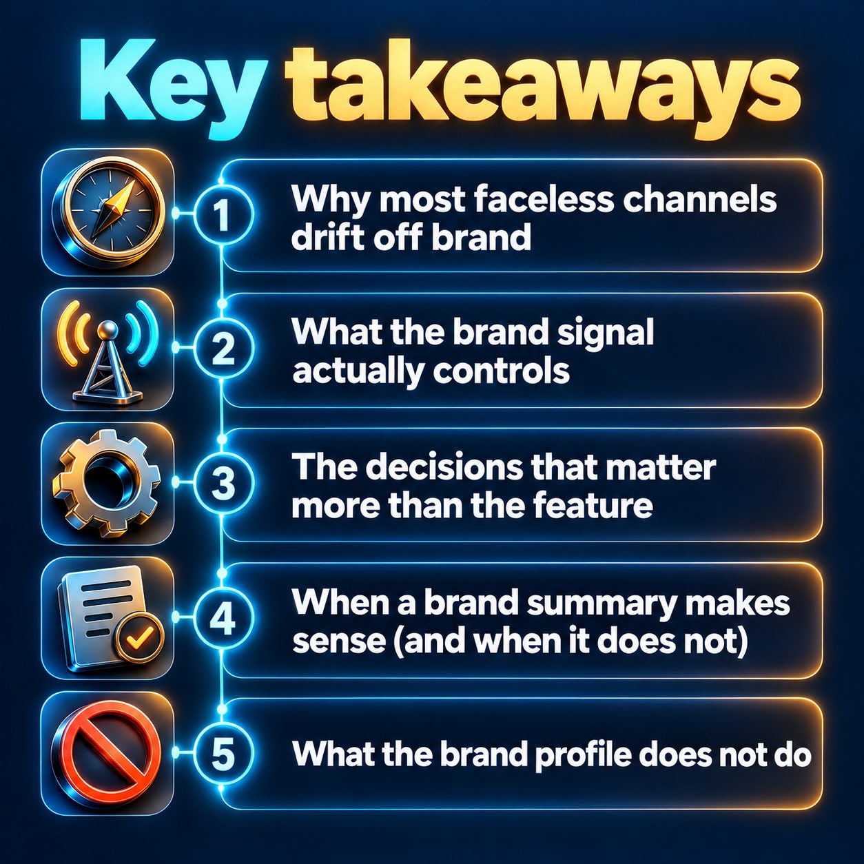 Key takeaways: Why most faceless channels drift off brand; What the brand signal actually controls; The decisions that matter more than the feature; When a brand summary makes sense (and when it does not); What the brand profile does not do