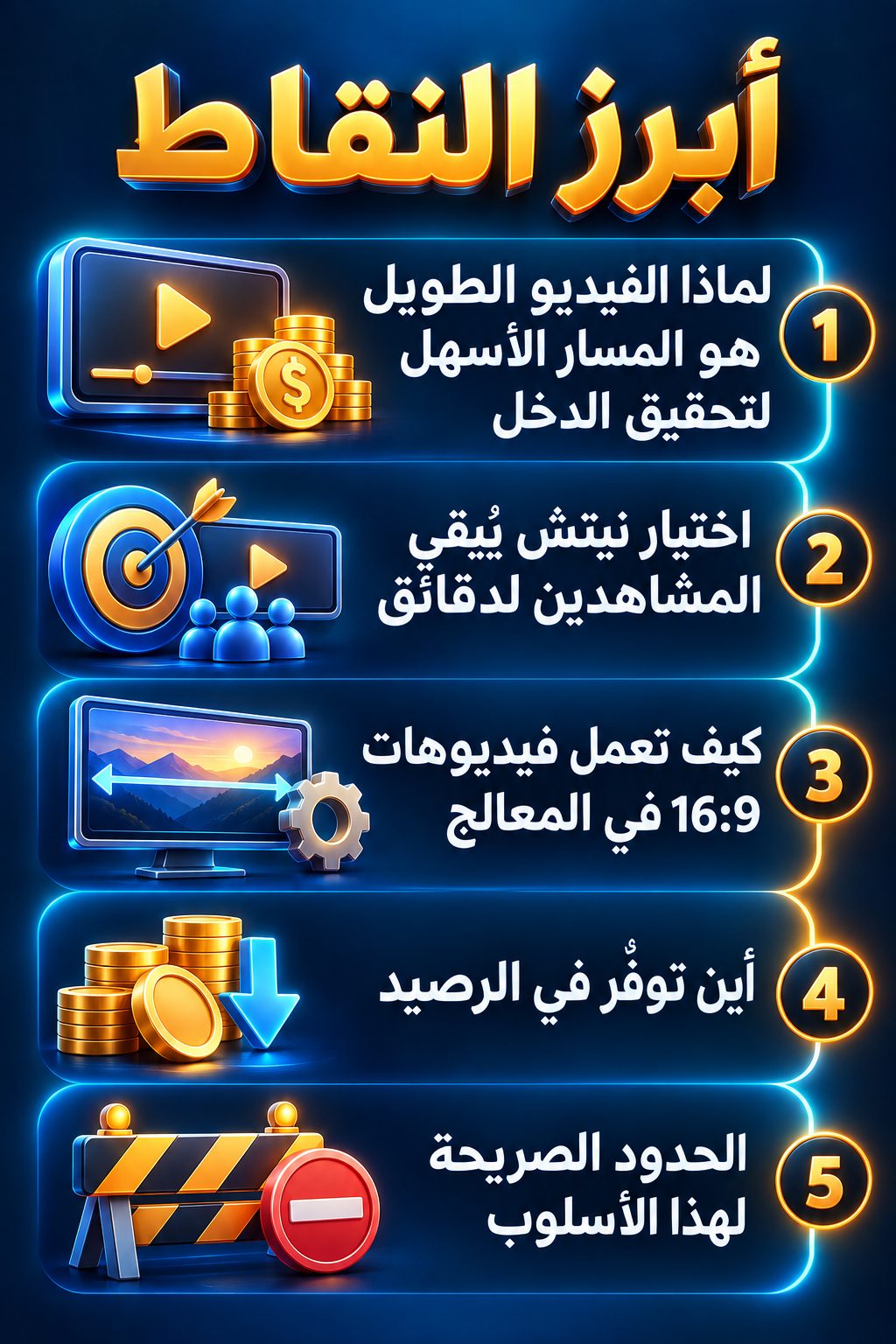 أبرز النقاط: لماذا الفيديو الطويل هو الطريق الأسهل لتحقيق الدخل; اختيار مجال يبقي المشاهدين لدقائق; كيف تعمل فيديوهات 16:9 في المعالج; أين توفّر في الرصيد; الحدود الصريحة لهذه الطريقة