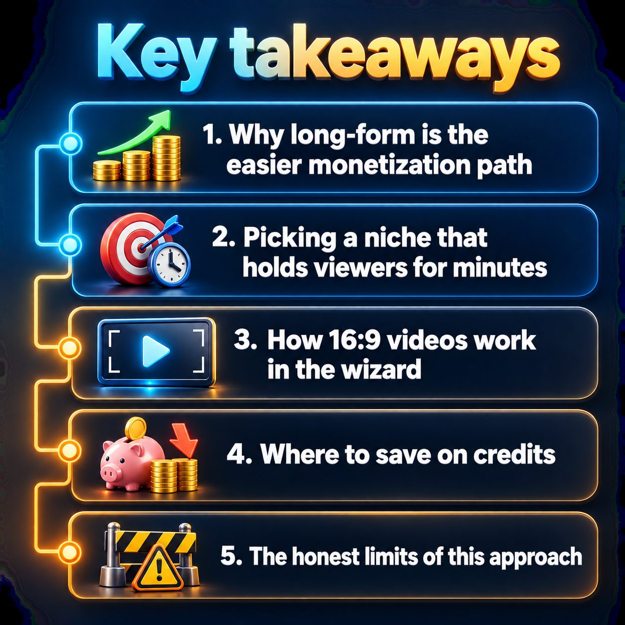 Key takeaways: Why long-form is the easier monetization path; Picking a niche that holds viewers for minutes; How 16:9 videos work in the wizard; Where to save on credits; The honest limits of this approach