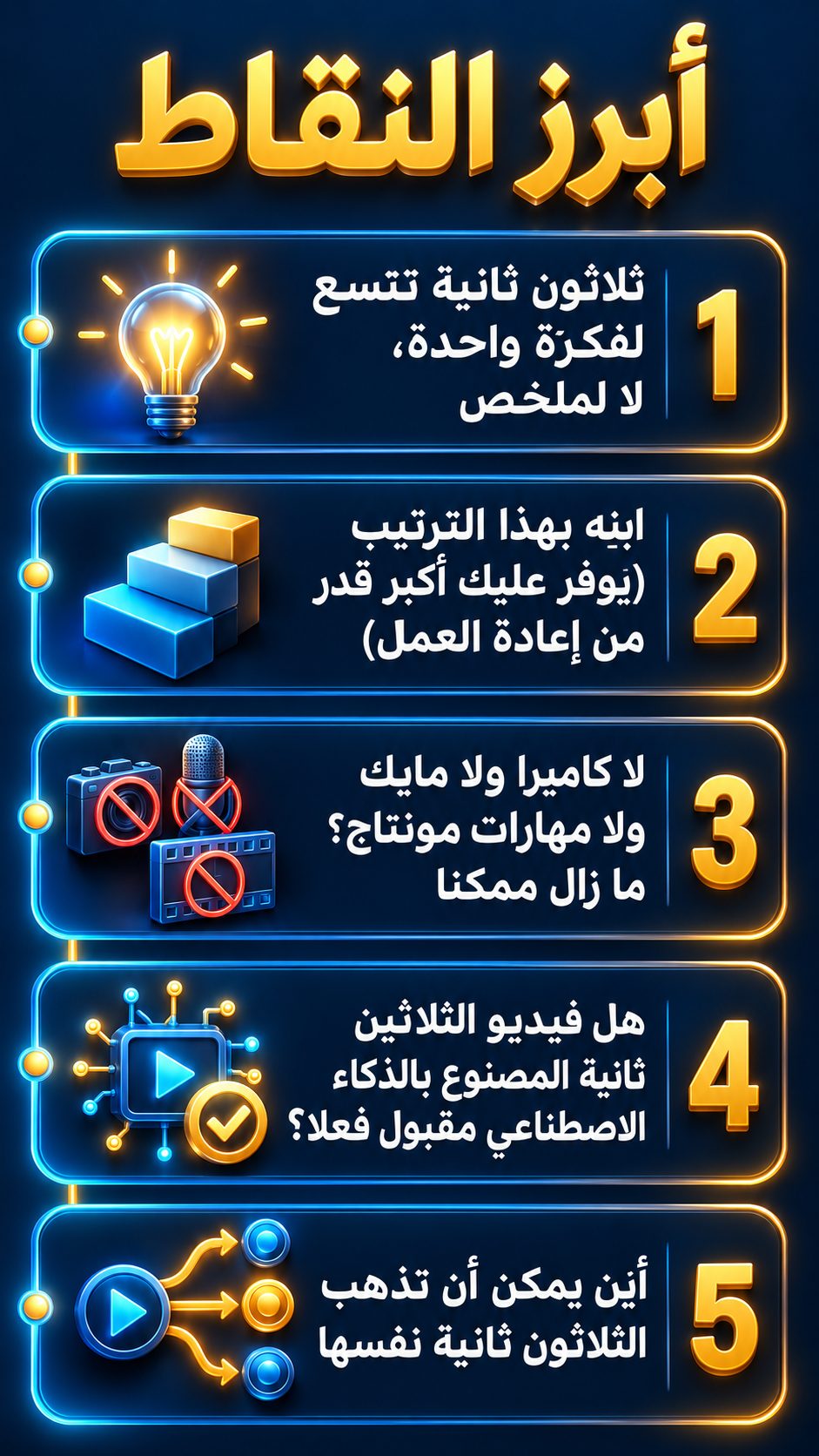 أبرز النقاط: ثلاثون ثانية تكفي لفكرة واحدة، لا لملخص; اصنعه بهذا الترتيب (يوفر عليك أكبر قدر من إعادة العمل); لا كاميرا ولا ميكروفون ولا خبرة في المونتاج؟ لا يزال الأمر ممكنا; هل فيديو الثلاثين ثانية المصنوع بالذكاء الاصطناعي مقبول فعلا؟; أين تستطيع أن تنشر الثلاثين ثانية نفسها