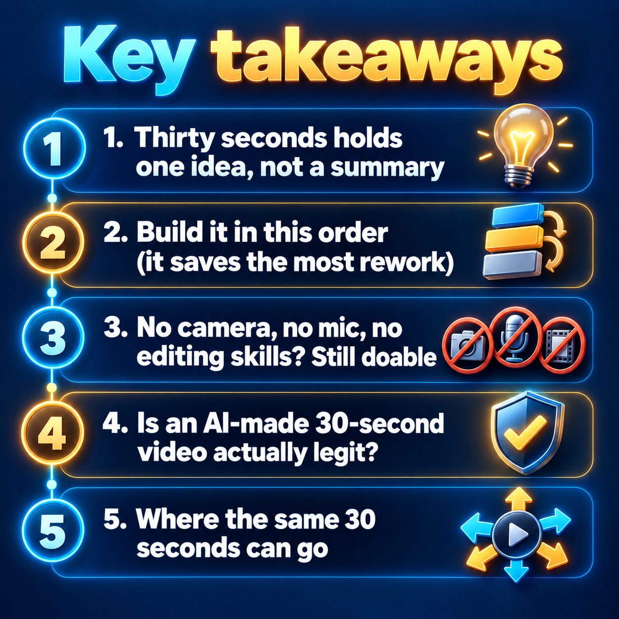 Key takeaways: Thirty seconds holds one idea, not a summary; Build it in this order (it saves the most rework); No camera, no mic, no editing skills? Still doable; Is an AI-made 30-second video actually legit?; Where the same 30 seconds can go