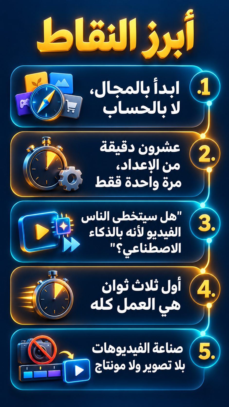 أبرز النقاط: ابدأ بالمجال، لا بالحساب; عشرون دقيقة من الإعداد، مرة واحدة فقط; "هل سيتخطى الناس الفيديو لأنه مصنوع بالذكاء الاصطناعي؟"; أول ثلاث ثوان هي العمل كله; صناعة الفيديوهات بلا تصوير ولا مونتاج