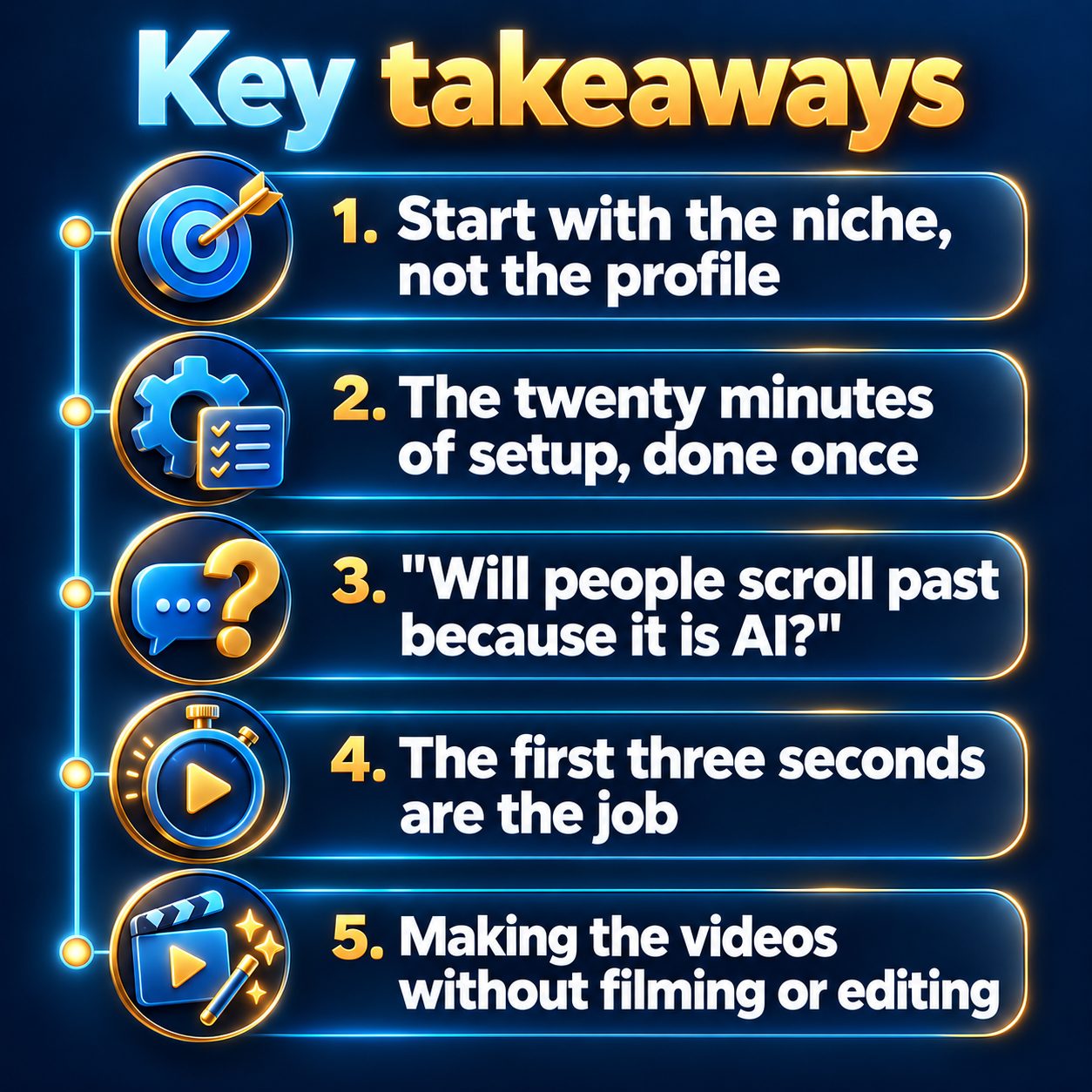Key takeaways: Start with the niche, not the profile; The twenty minutes of setup, done once; "Will people scroll past because it is AI?"; The first three seconds are the job; Making the videos without filming or editing