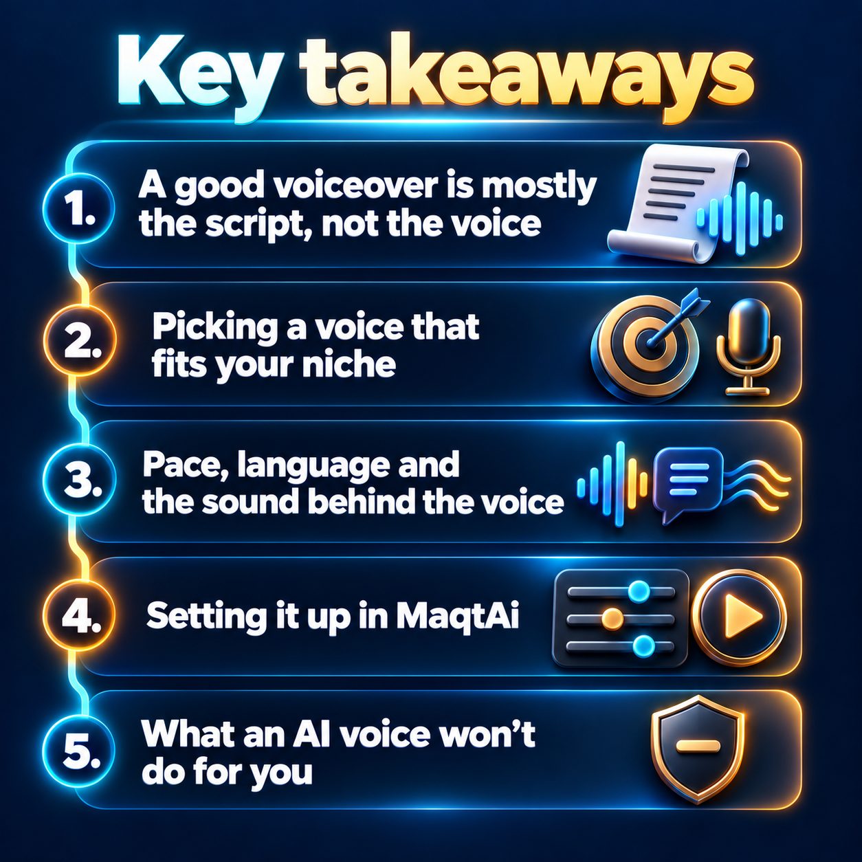 Key takeaways: A good voiceover is mostly the script, not the voice; Picking a voice that fits your niche; Pace, language and the sound behind the voice; Setting it up in MaqtAi; What an AI voice won't do for you