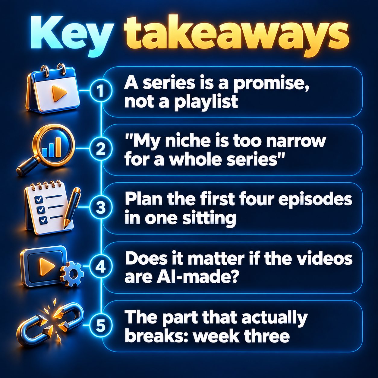 Key takeaways: A series is a promise, not a playlist; "My niche is too narrow for a whole series"; Plan the first four episodes in one sitting; Does it matter if the videos are AI-made?; The part that actually breaks: week three