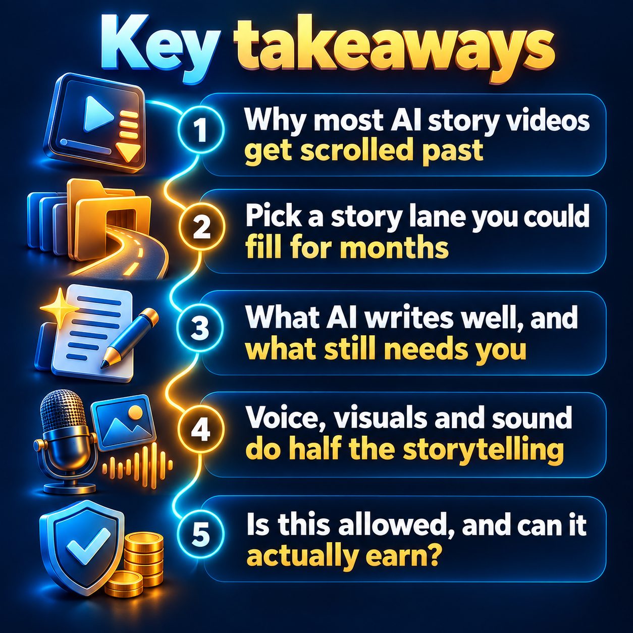 Key takeaways: Why most AI story videos get scrolled past; Pick a story lane you could fill for months; What AI writes well, and what still needs you; Voice, visuals and sound do half the storytelling; Is this allowed, and can it actually earn?