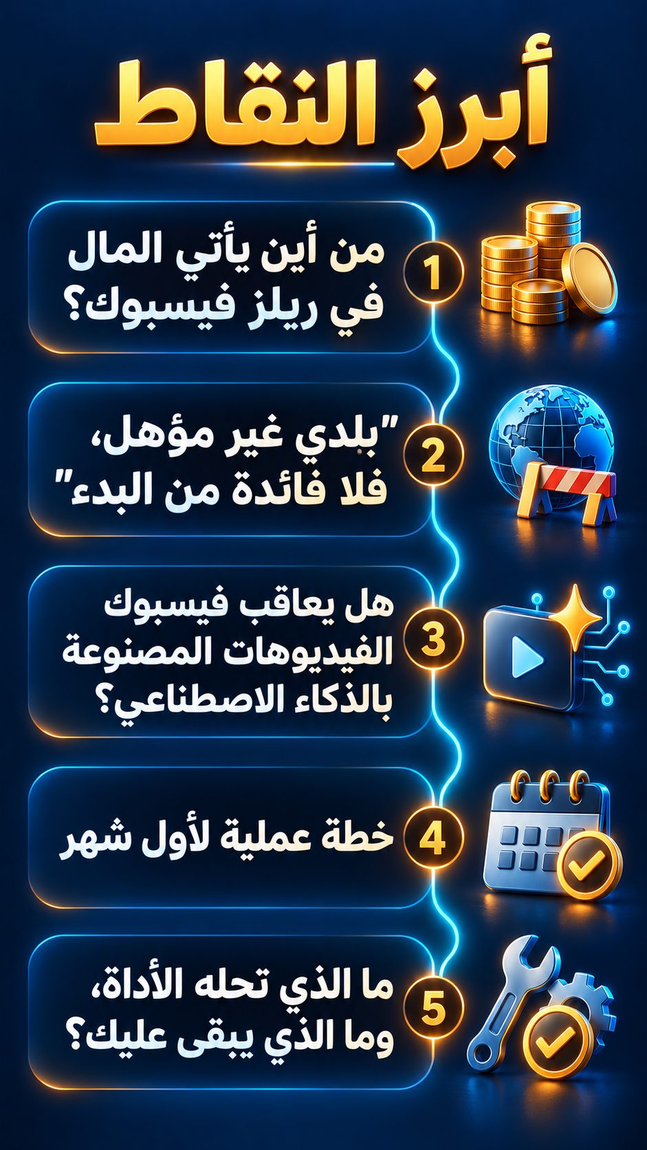 أبرز النقاط: من أين يأتي المال في ريلز فيسبوك؟; "بلدي غير مؤهل، فلا فائدة من البدء"; هل يعاقب فيسبوك الفيديوهات المصنوعة بالذكاء الاصطناعي؟; خطة عملية لأول شهر; ما الذي تحله الأداة، وما الذي يبقى عليك؟
