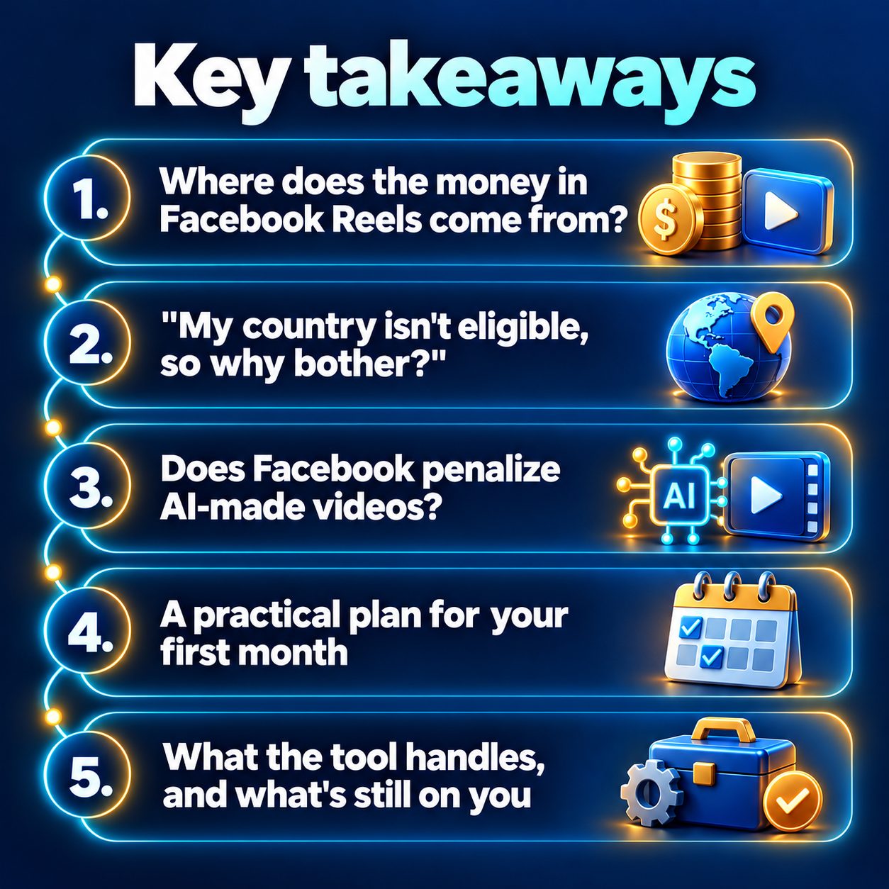 Key takeaways: Where does the money in Facebook Reels come from?; "My country isn't eligible, so why bother?"; Does Facebook penalize AI-made videos?; A practical plan for your first month; What the tool handles, and what's still on you