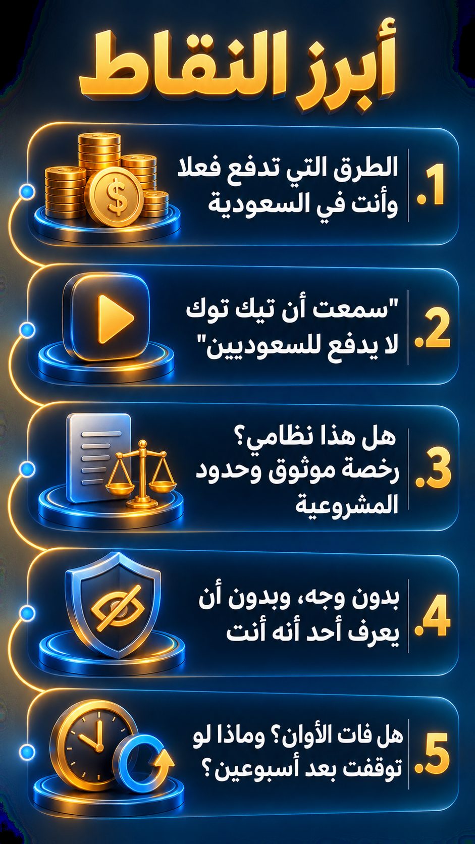 أبرز النقاط: الطرق التي تدفع فعلا وأنت في السعودية; "سمعت أن تيك توك لا يدفع للسعوديين"; هل هذا نظامي؟ رخصة موثوق وحدود المشروعية; بدون وجه، وبدون أن يعرف أحد أنه أنت; هل فات الأوان؟ وماذا لو توقفت بعد أسبوعين؟