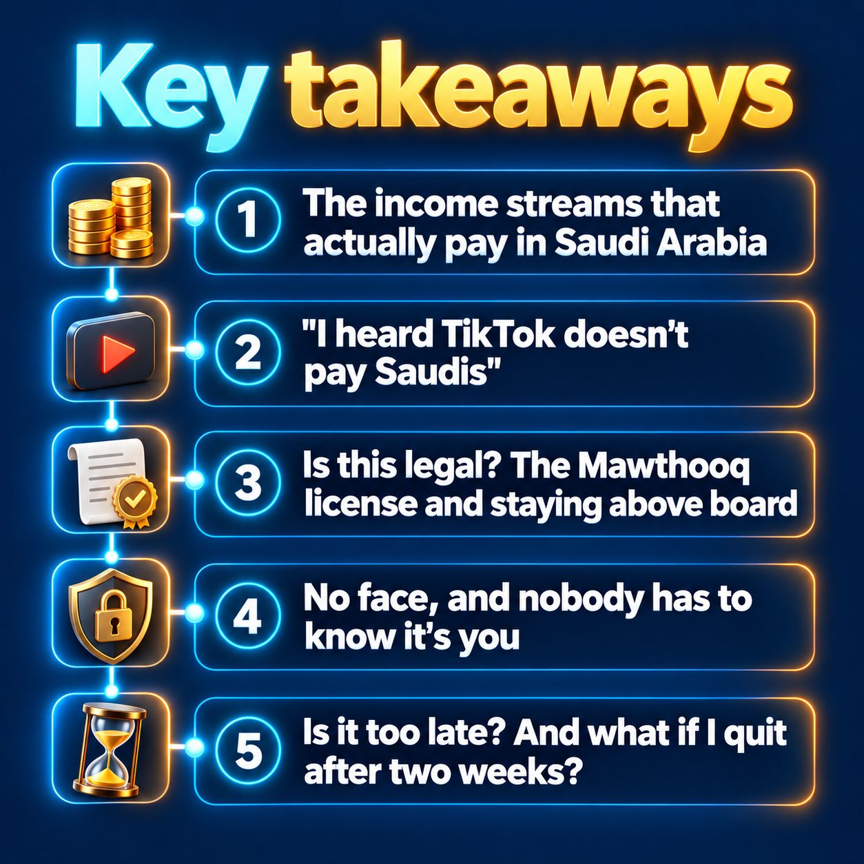 Key takeaways: The income streams that actually pay in Saudi Arabia; "I heard TikTok doesn't pay Saudis"; Is this legal? The Mawthooq license and staying above board; No face, and nobody has to know it's you; Is it too late? And what if I quit after two weeks?