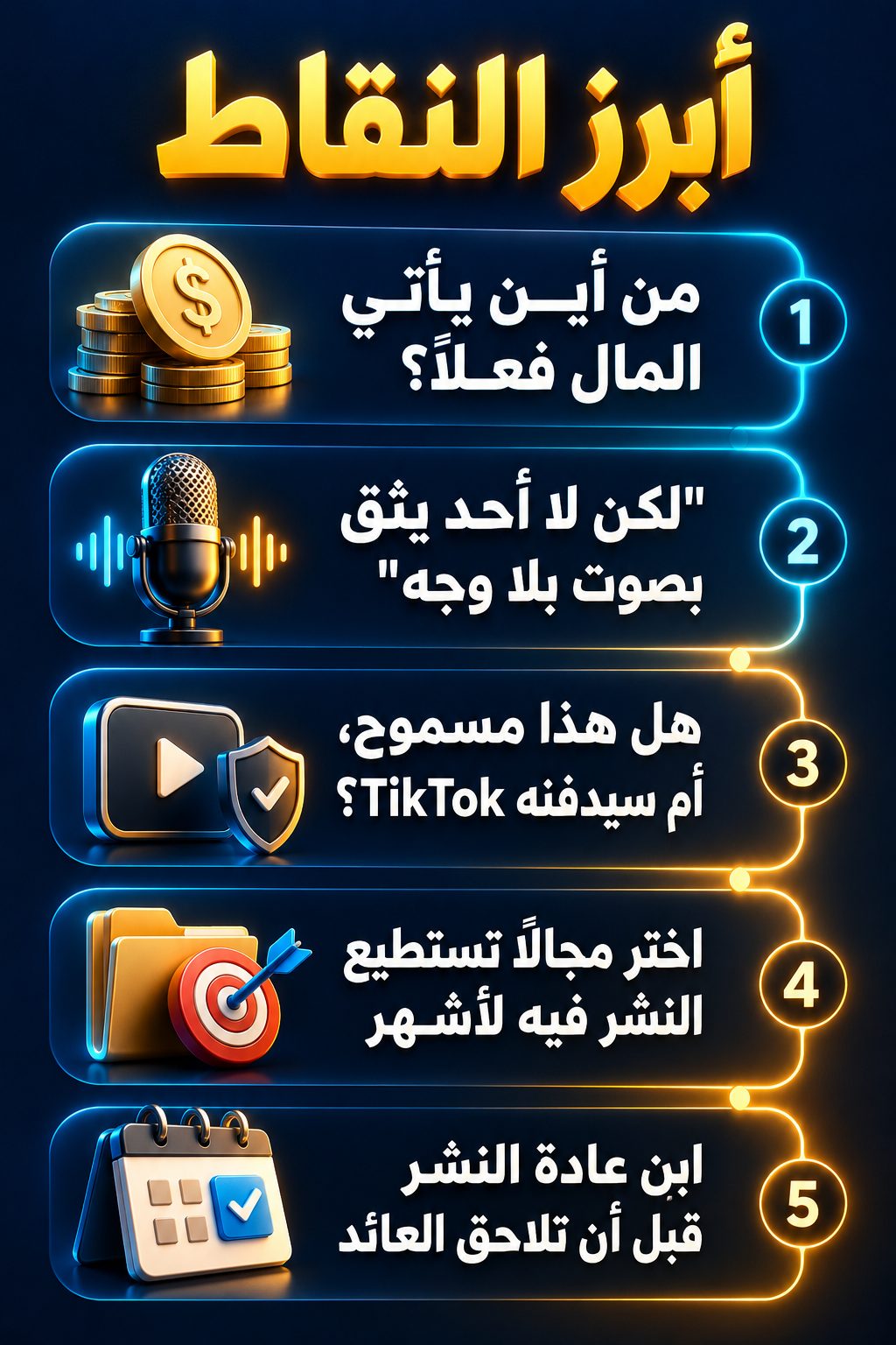 أبرز النقاط: من أين يأتي المال فعلًا؟; "لكن لا أحد يثق بصوت بلا وجه"; هل هذا مسموح، أم سيدفنه TikTok؟; اختر مجالًا تستطيع النشر فيه لأشهر; ابنِ عادة النشر قبل أن تلاحق العائد