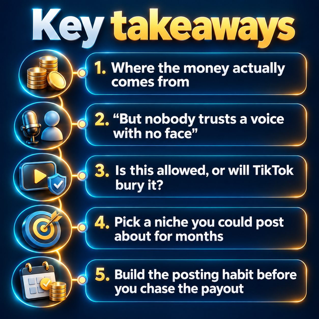 Key takeaways: Where the money actually comes from; "But nobody trusts a voice with no face"; Is this allowed, or will TikTok bury it?; Pick a niche you could post about for months; Build the posting habit before you chase the payout