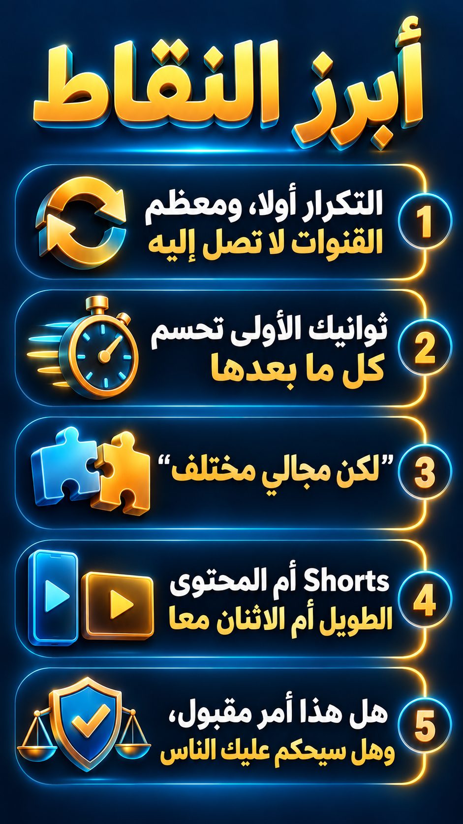 أبرز النقاط: النشر المنتظم أولا، ومعظم القنوات لا تصل إليه; ثوانيك الأولى تحسم كل ما بعدها; "لكن مجالي مختلف"; Shorts أم المحتوى الطويل أم الاثنان معا; هل هذا مقبول، وهل سيحكم عليك الناس