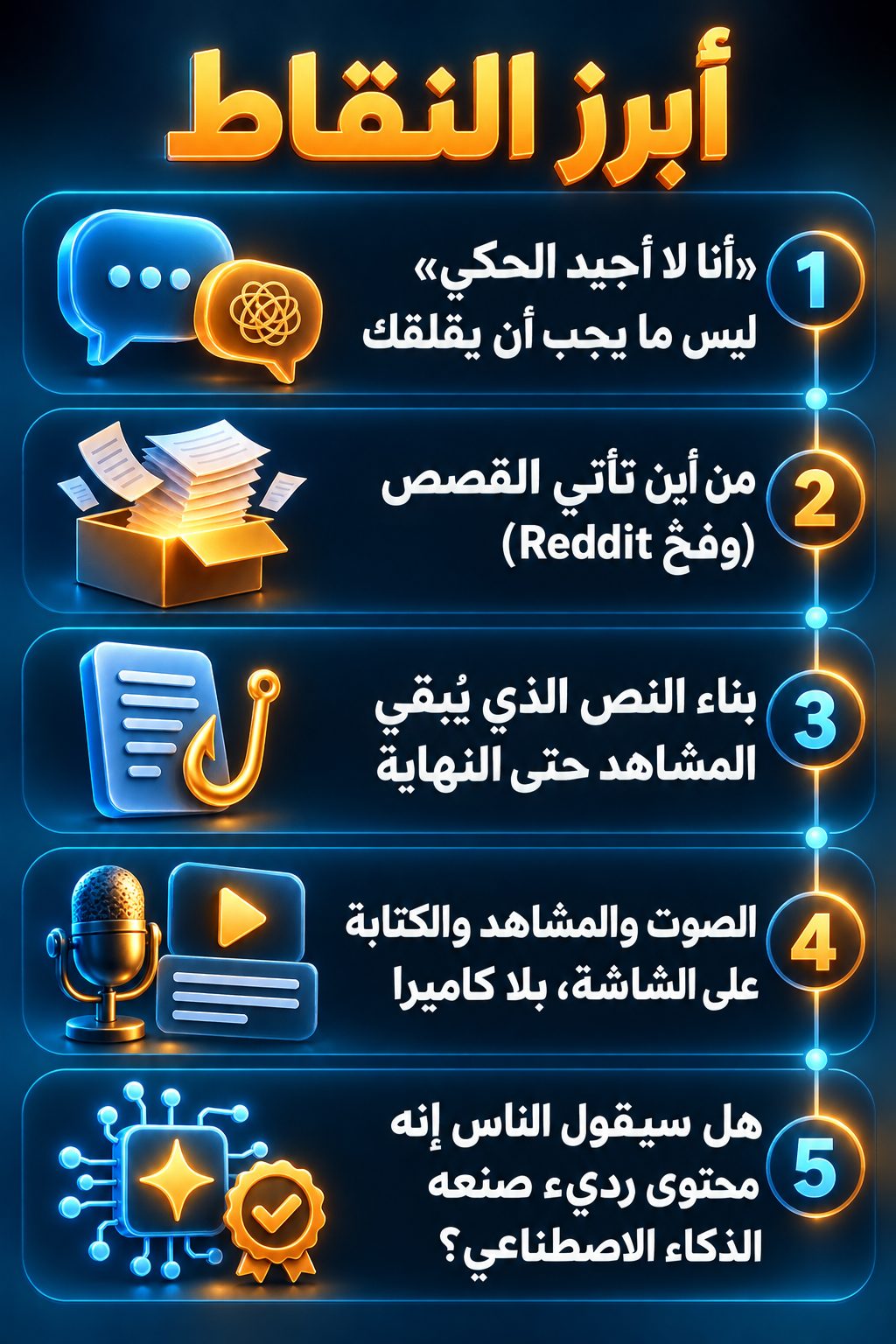 أبرز النقاط: «أنا لا أجيد الحكي» ليس ما يجب أن يقلقك; من أين تأتي القصص (وفخّ Reddit); بناء النص الذي يُبقي المشاهد حتى النهاية; الصوت والمشاهد والكتابة على الشاشة، بلا كاميرا; هل سيقول الناس إنه محتوى رديء صنعه الذكاء الاصطناعي؟