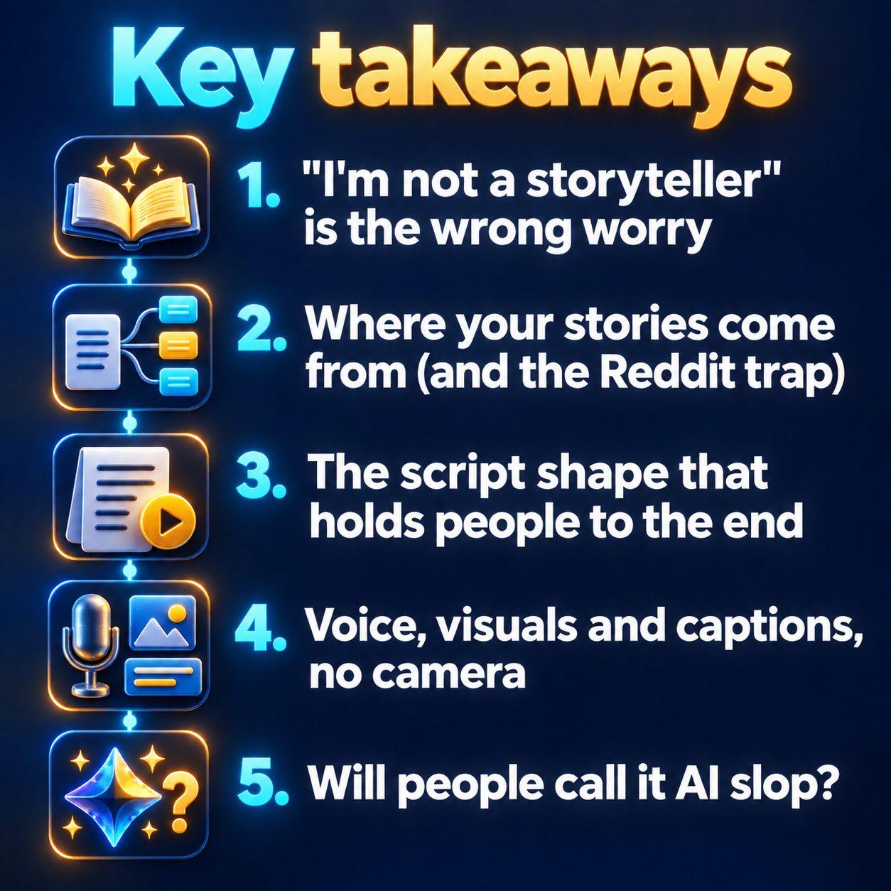 Key takeaways: "I'm not a storyteller" is the wrong worry; Where your stories come from (and the Reddit trap); The script shape that holds people to the end; Voice, visuals and captions, no camera; Will people call it AI slop?
