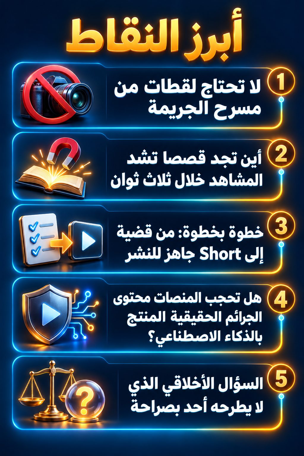 أبرز النقاط: لا تحتاج لقطات من مسرح الجريمة; أين تجد قصصا تشد المشاهد خلال ثلاث ثوان; خطوة بخطوة: من قضية إلى Short جاهز للنشر; هل تحجب المنصات محتوى الجرائم الحقيقية المصنوع بالذكاء الاصطناعي؟; السؤال الأخلاقي الذي لا يطرحه أحد بصراحة