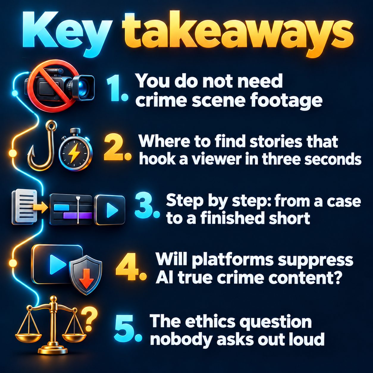 Key takeaways: You do not need crime scene footage; Where to find stories that hook a viewer in three seconds; Step by step: from a case to a finished short; Will platforms suppress AI true crime content?; The ethics question nobody asks out loud