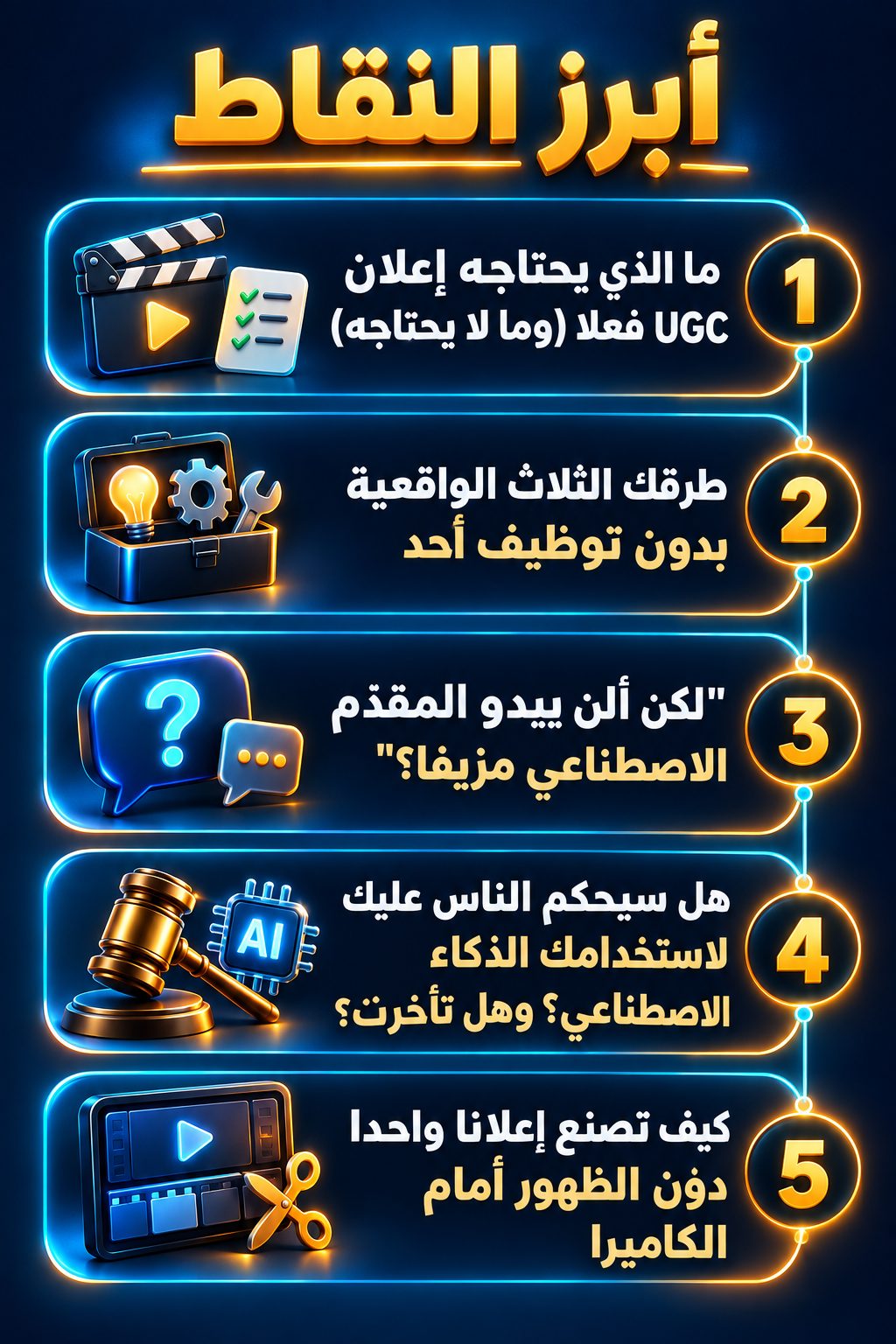 أبرز النقاط: ما الذي يحتاجه إعلان UGC فعلا (وما لا يحتاجه); ثلاث طرق واقعية دون توظيف أحد; "لكن ألن يبدو المقدّم الاصطناعي مزيفا؟"; هل سيحكم الناس عليك لأنك تستخدم الذكاء الاصطناعي؟ وهل تأخرت؟; كيف تصنع إعلانا واحدا دون الظهور أمام الكاميرا