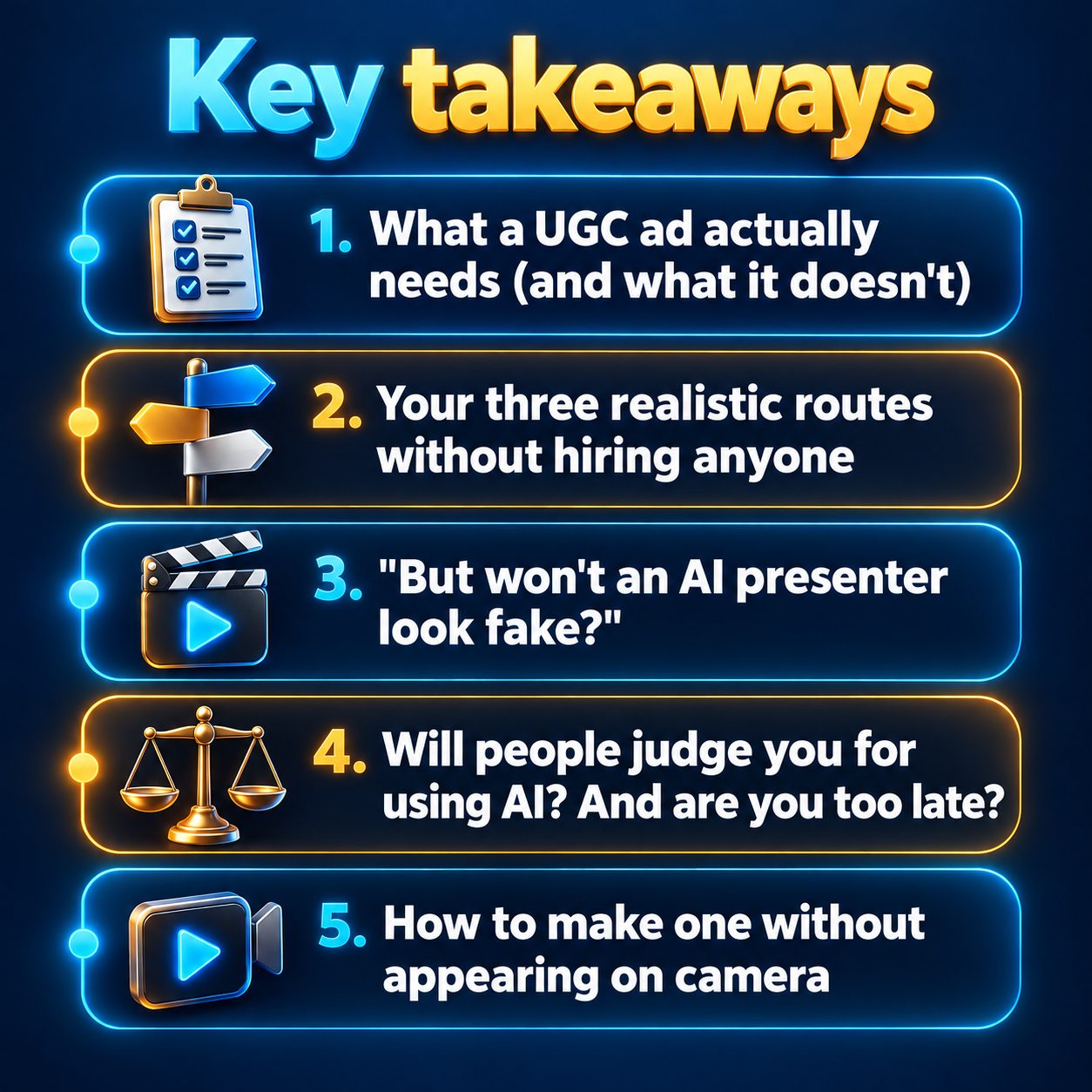 Key takeaways: What a UGC ad actually needs (and what it doesn't); Your three realistic routes without hiring anyone; "But won't an AI presenter look fake?"; Will people judge you for using AI? And are you too late?; How to make one without appearing on camera