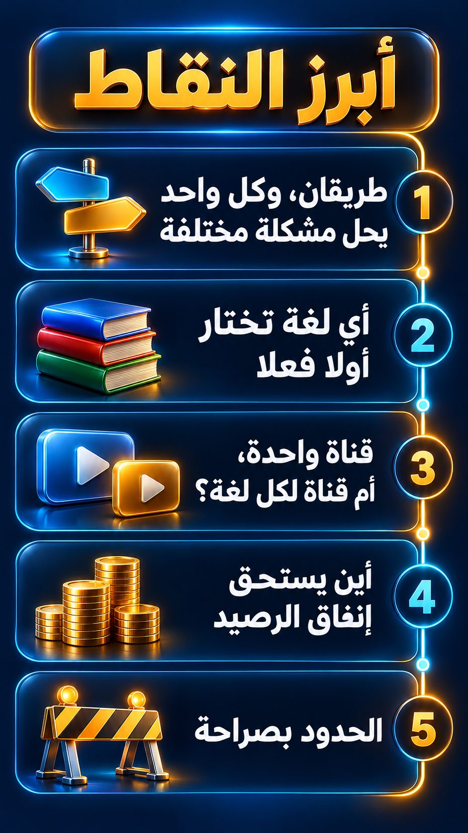أبرز النقاط: طريقان، وكل طريق يحل مشكلة مختلفة; أي لغة تختار أولا; قناة واحدة، أم قناة لكل لغة؟; أين يستحق الرصيد أن تنفقه; الحدود بصراحة