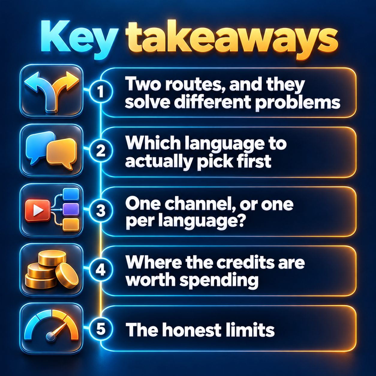 Key takeaways: Two routes, and they solve different problems; Which language to actually pick first; One channel, or one per language?; Where the credits are worth spending; The honest limits