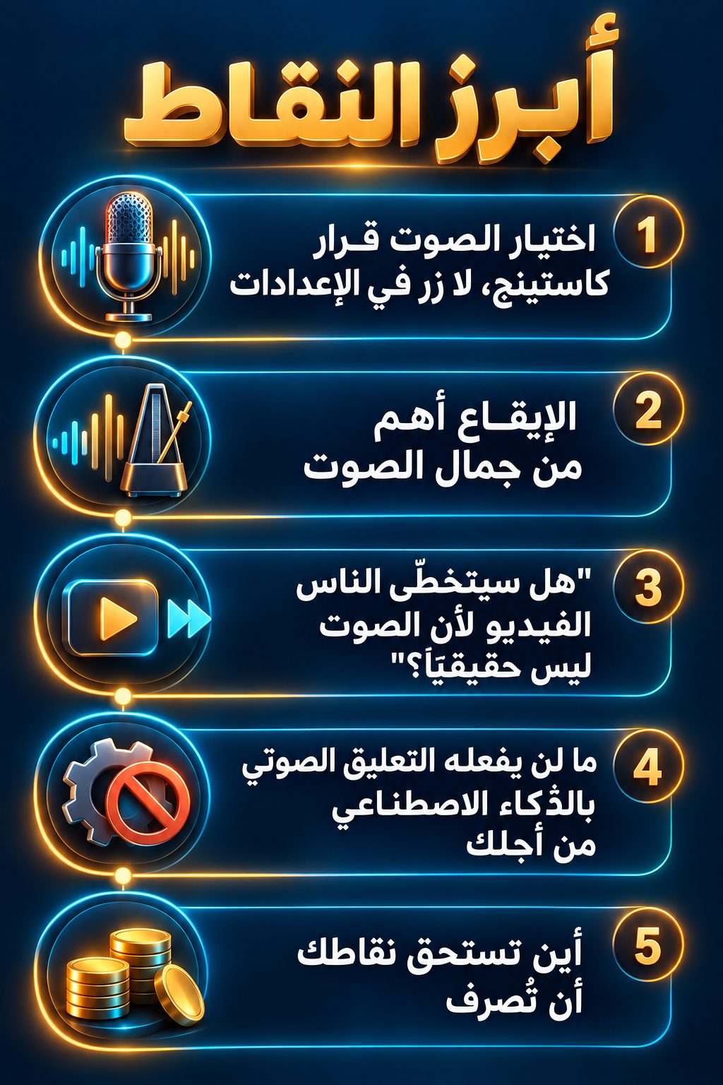 أبرز النقاط: اختيار الصوت يشبه اختيار ممثل، لا زرًا في الإعدادات; الإيقاع أهم من جمال الصوت; "هل سيتخطّى الناس الفيديو لأن الصوت ليس حقيقيًا؟"; ما لا يستطيع التعليق الصوتي بالذكاء الاصطناعي أن يفعله لك; أين تصرف نقاطك