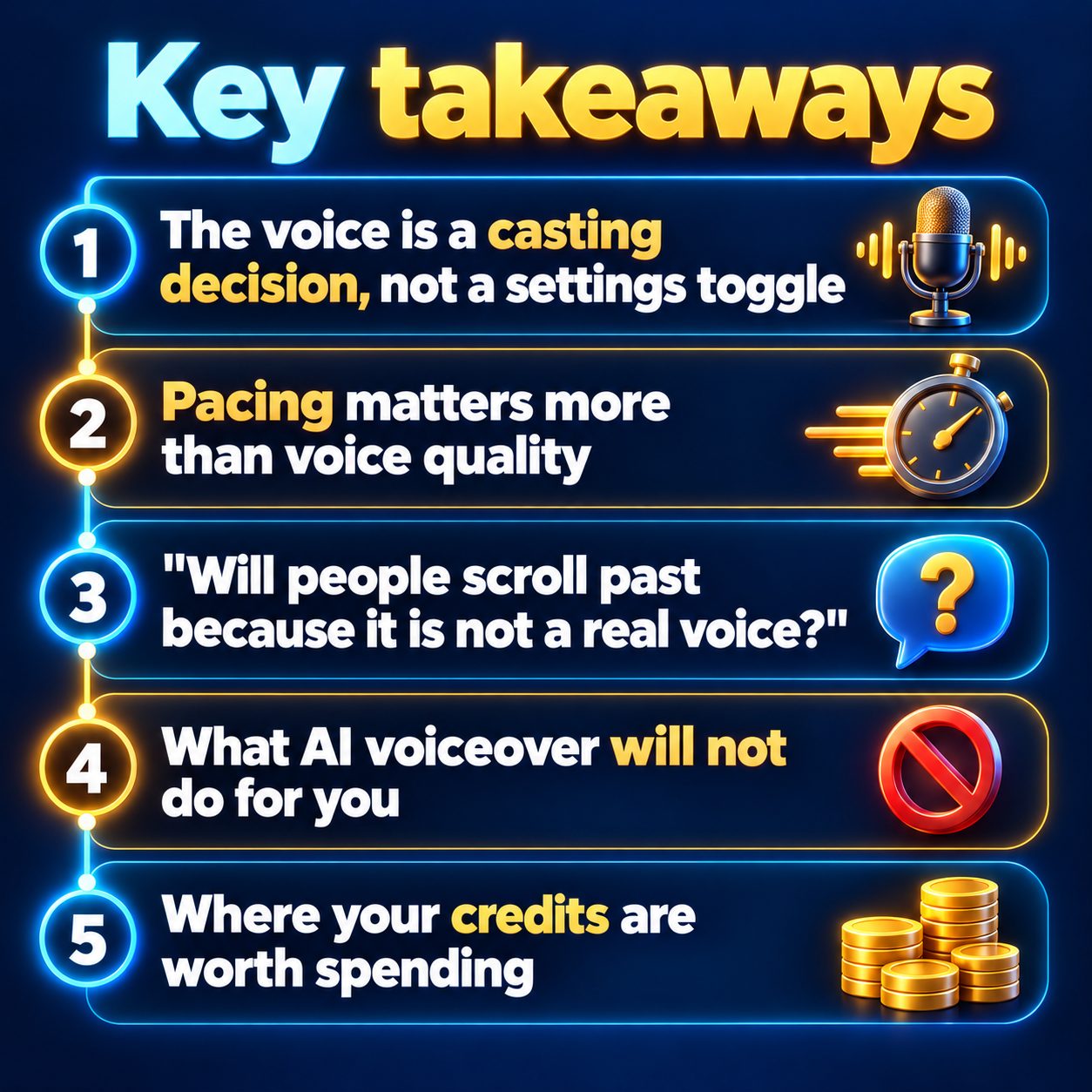 Key takeaways: The voice is a casting decision, not a settings toggle; Pacing matters more than voice quality; "Will people scroll past because it is not a real voice?"; What AI voiceover will not do for you; Where your credits are worth spending