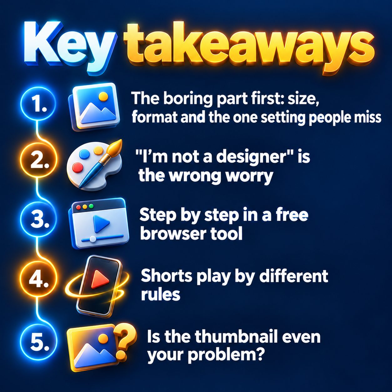 Key takeaways: The boring part first: size, format and the one setting people miss; "I'm not a designer" is the wrong worry; Step by step in a free browser tool; Shorts play by different rules; Is the thumbnail even your problem?