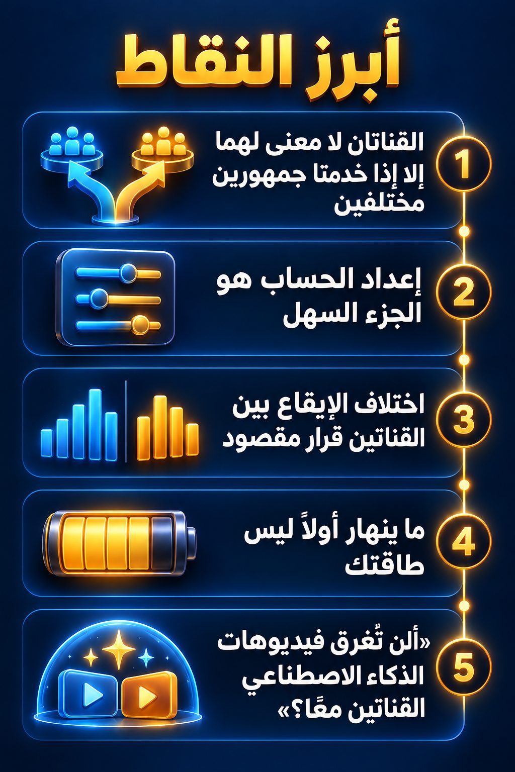 أبرز النقاط: القناتان لا فائدة منهما إلا إذا خدمتا جمهورين مختلفين; إعداد الحساب هو الجزء السهل; اختلاف الإيقاع بين القناتين قرار مقصود; ما ينهار أولًا ليس طاقتك; «ألن تُغرق فيديوهات الذكاء الاصطناعي القناتين معًا؟»