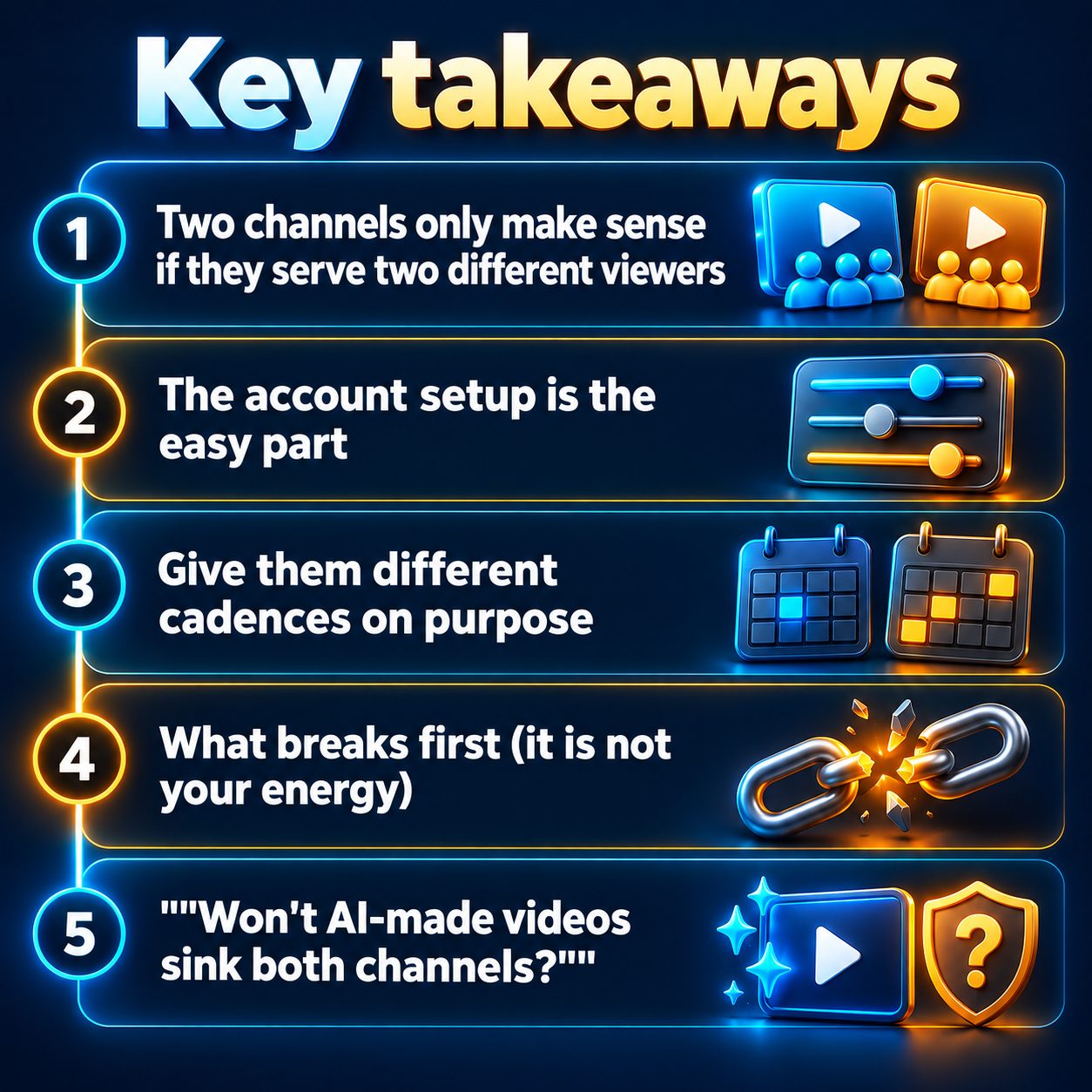 Key takeaways: Two channels only make sense if they serve two different viewers; The account setup is the easy part; Give them different cadences on purpose; What breaks first (it is not your energy); "Won't AI-made videos sink both channels?"